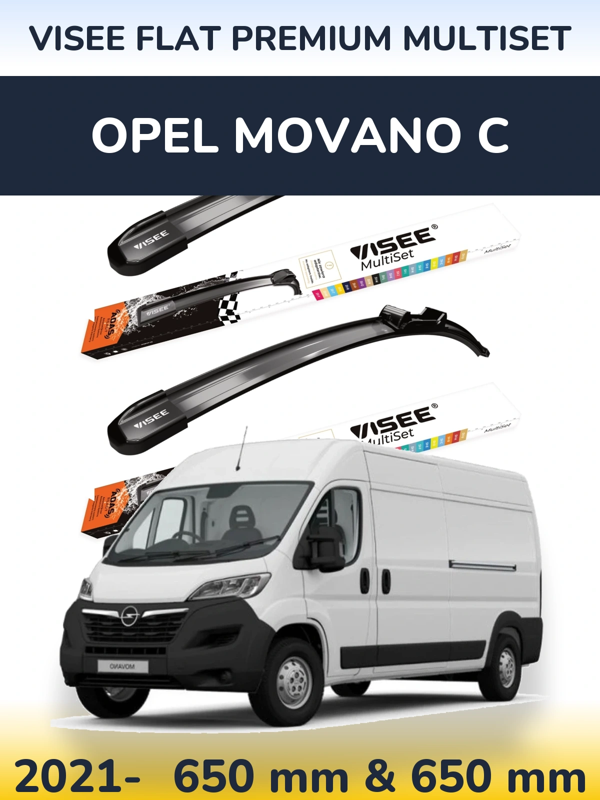 Sada předních stěračů VISEE FLAT PREMIUM MultiSet 650 a 650 mm pro Opel Movano C 2021-2026