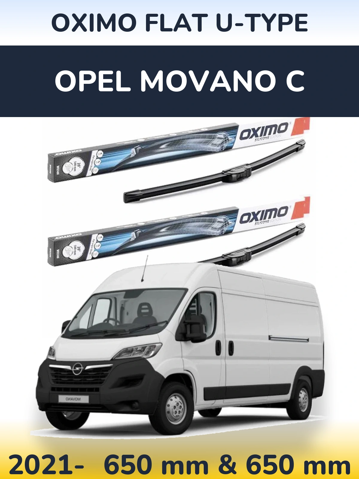 Sada předních stěračů Oximo Flat U-type 650 a 650 mm pro Opel Movano C 2021-2026