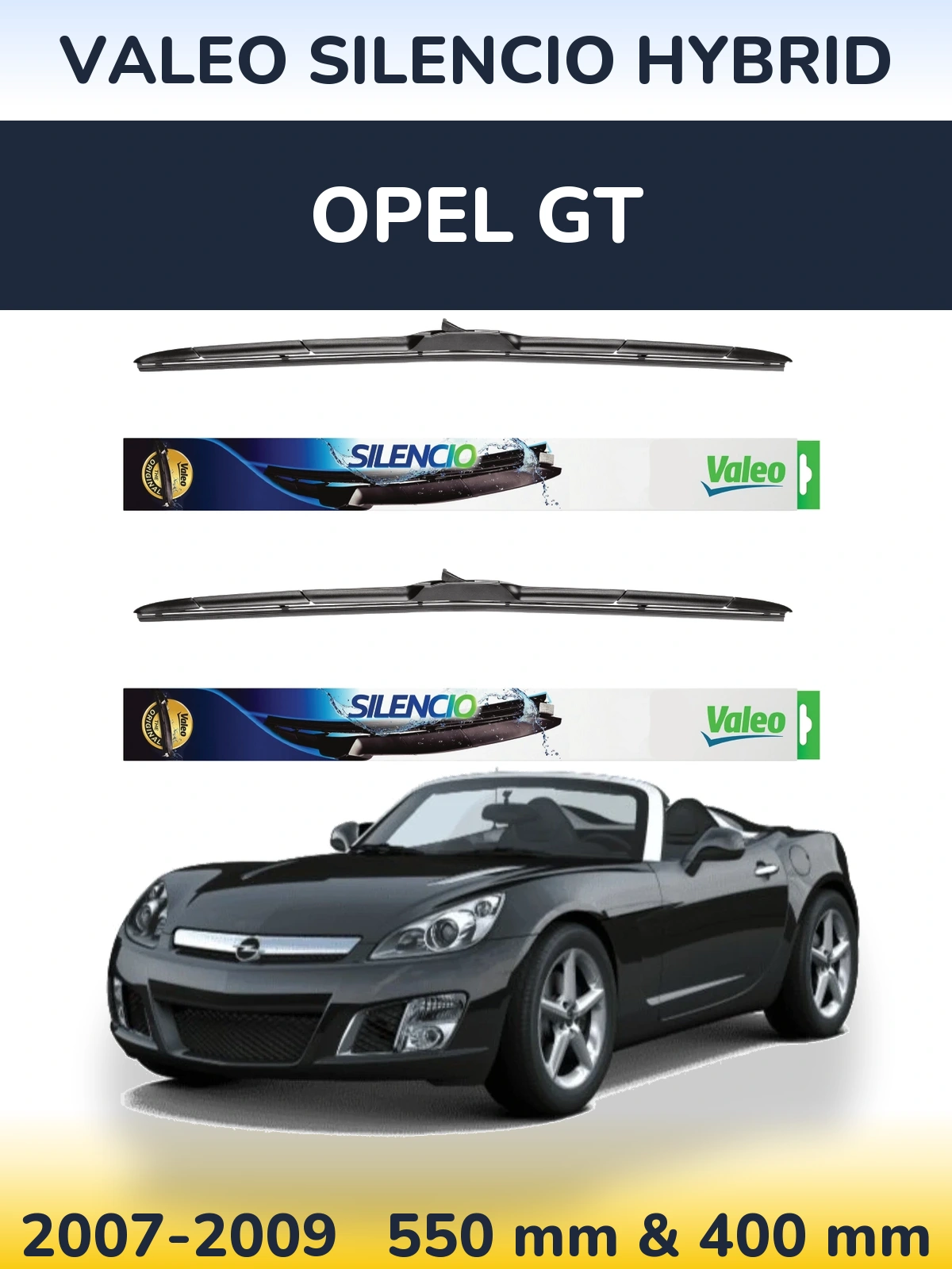 Sada předních stěračů Valeo Silencio Hybrid 550 a 400 mm pro Opel GT 2007-2009