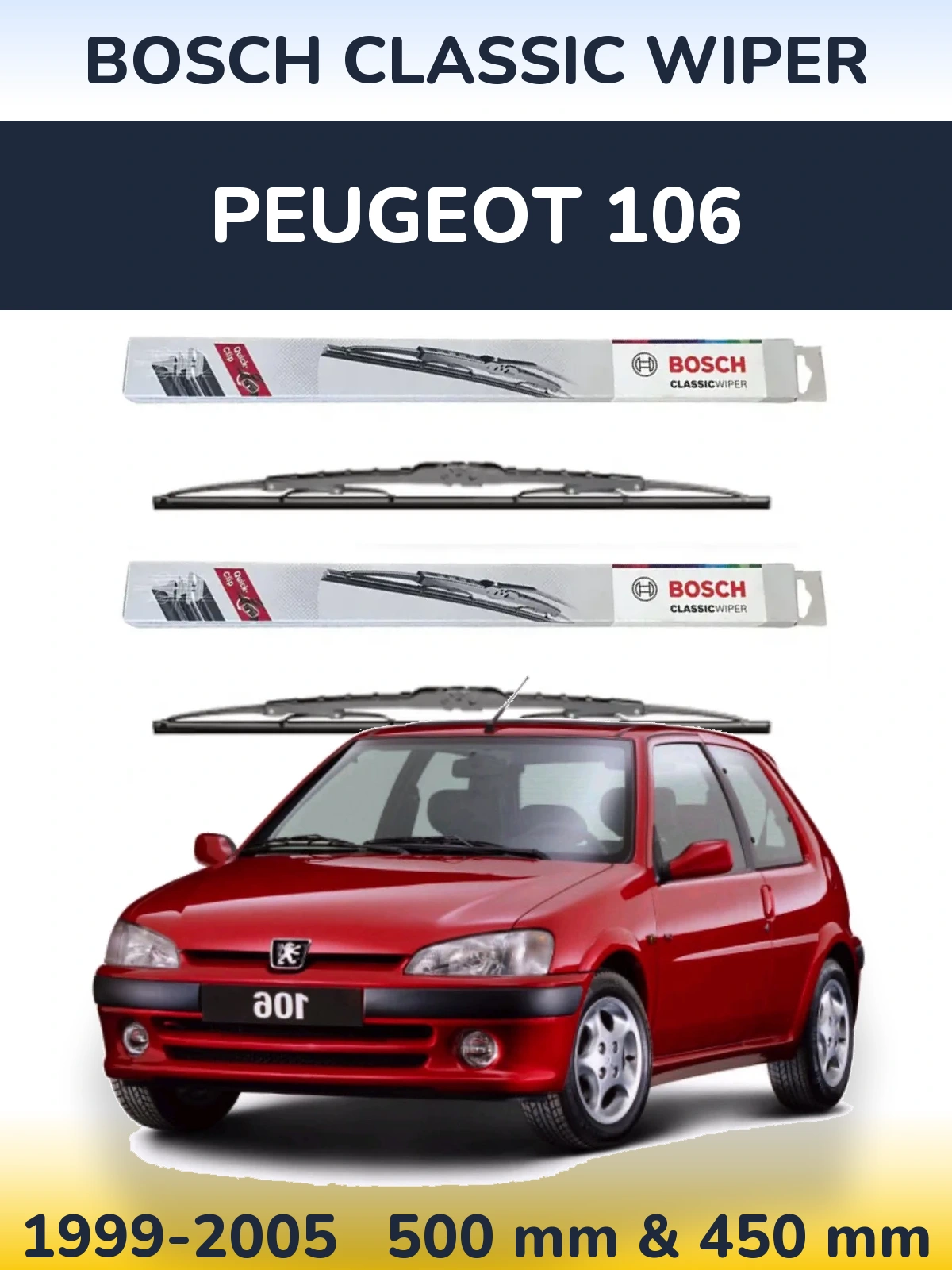 Sada předních stěračů BOSCH Classic Wiper 500 a 450 mm pro Peugeot 106 1999-2005