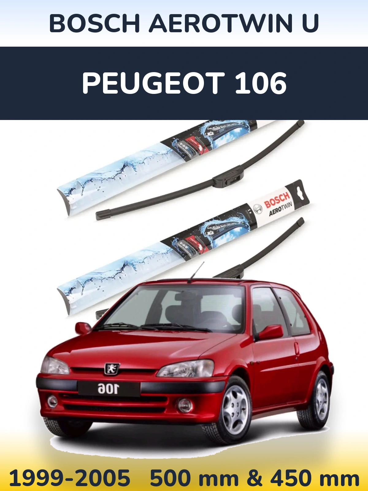 Sada předních stěračů BOSCH AeroTwin U 500 a 450 mm pro Peugeot 106 1999-2005