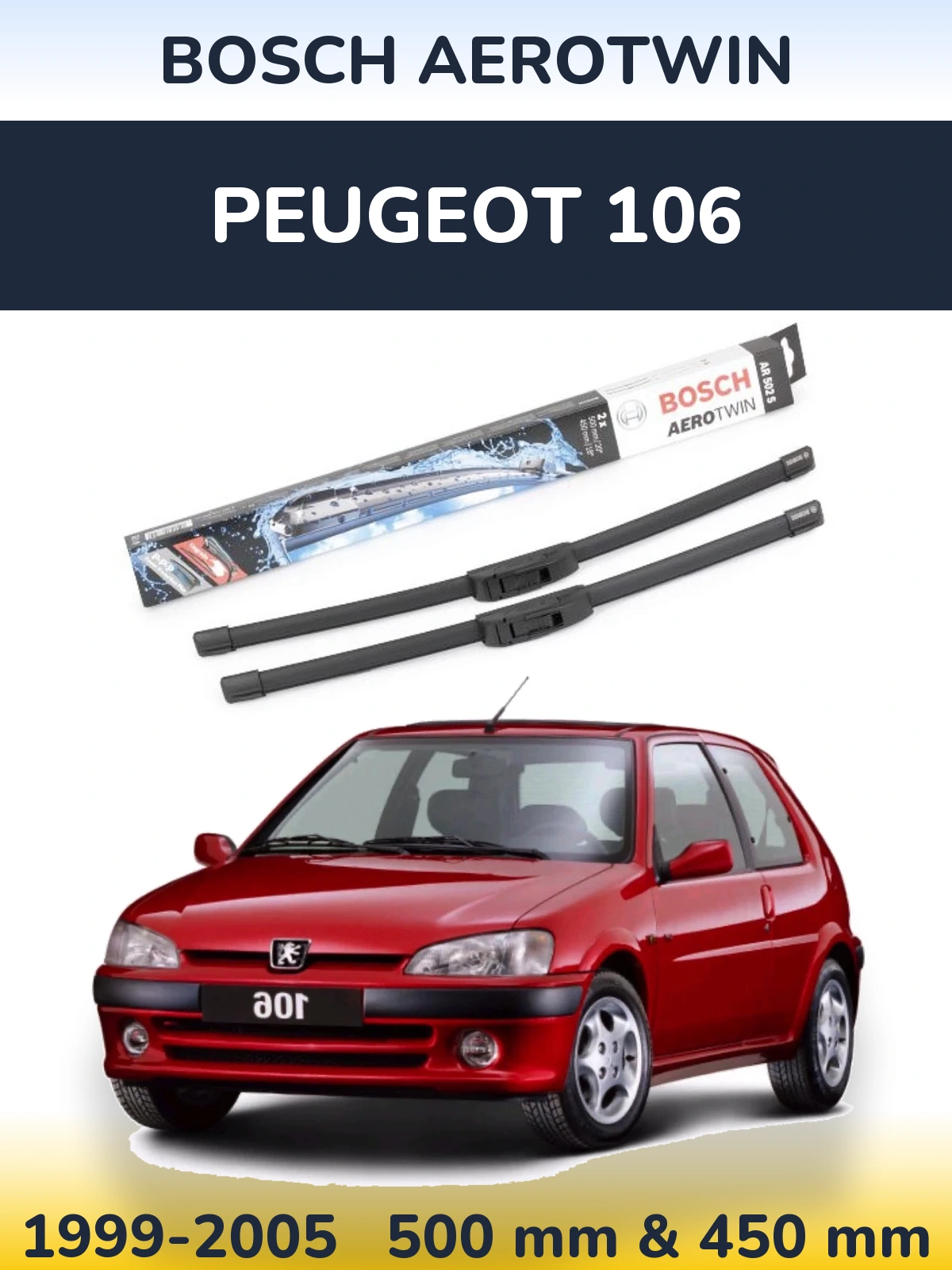 Sada předních stěračů BOSCH AeroTwin 500 a 450 mm pro Peugeot 106 1999-2005