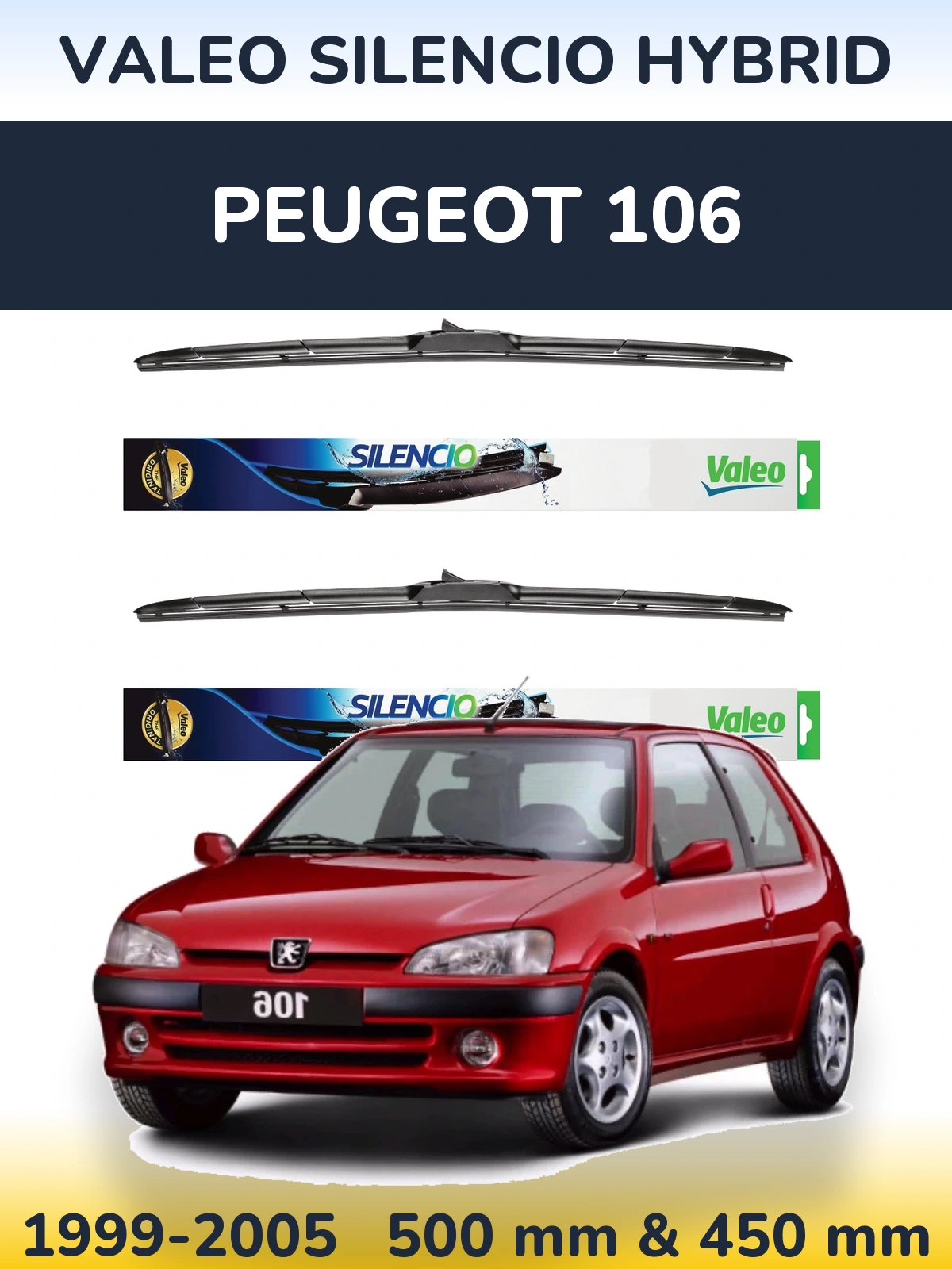 Sada předních stěračů Valeo Silencio Hybrid 500 a 450 mm pro Peugeot 106 1999-2005