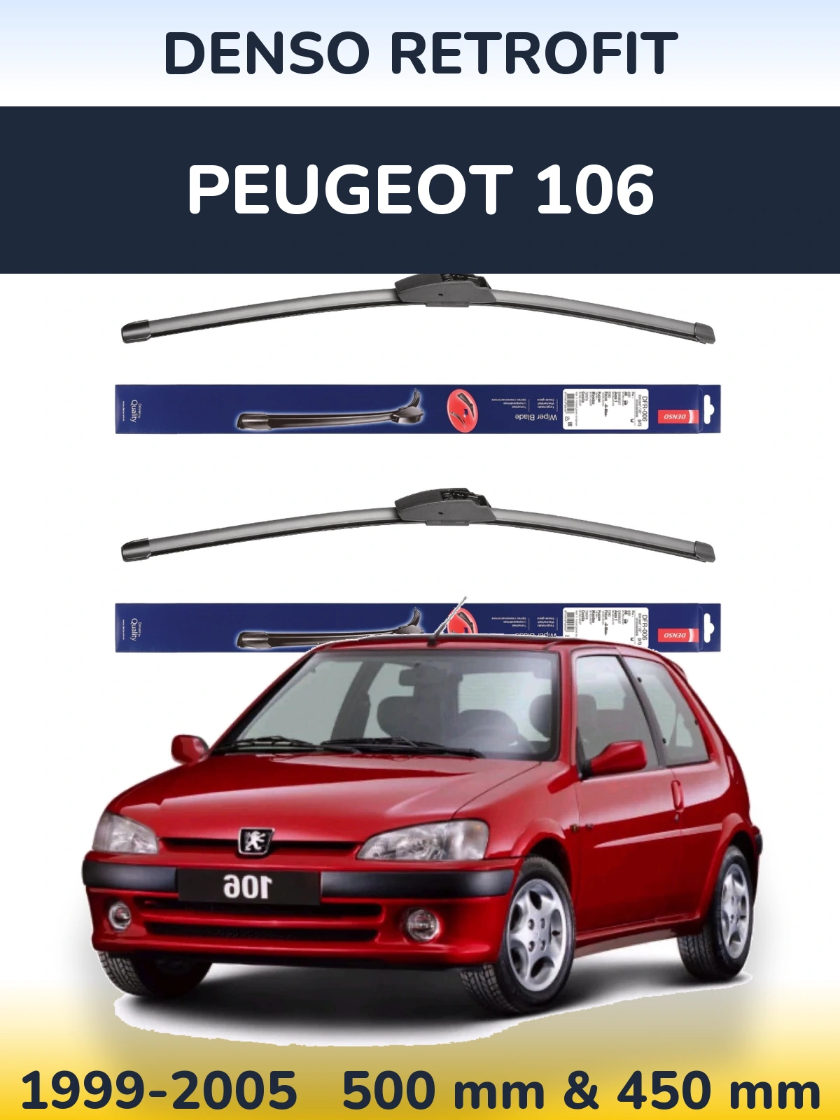 Sada předních stěračů Denso Retrofit 500 a 450 mm pro Peugeot 106 1999-2005