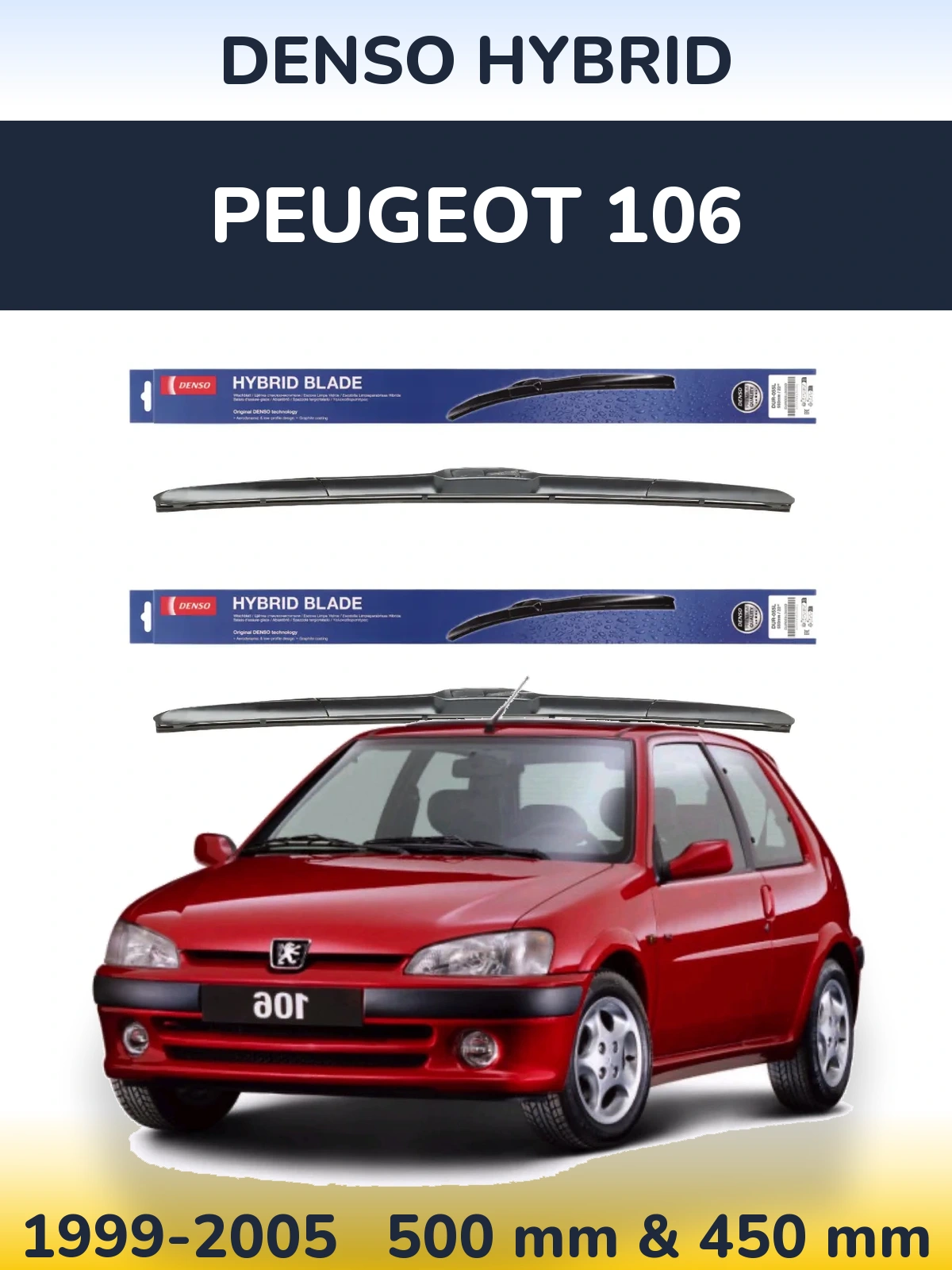 Sada předních stěračů Denso Hybrid 500 a 450 mm pro Peugeot 106 1999-2005