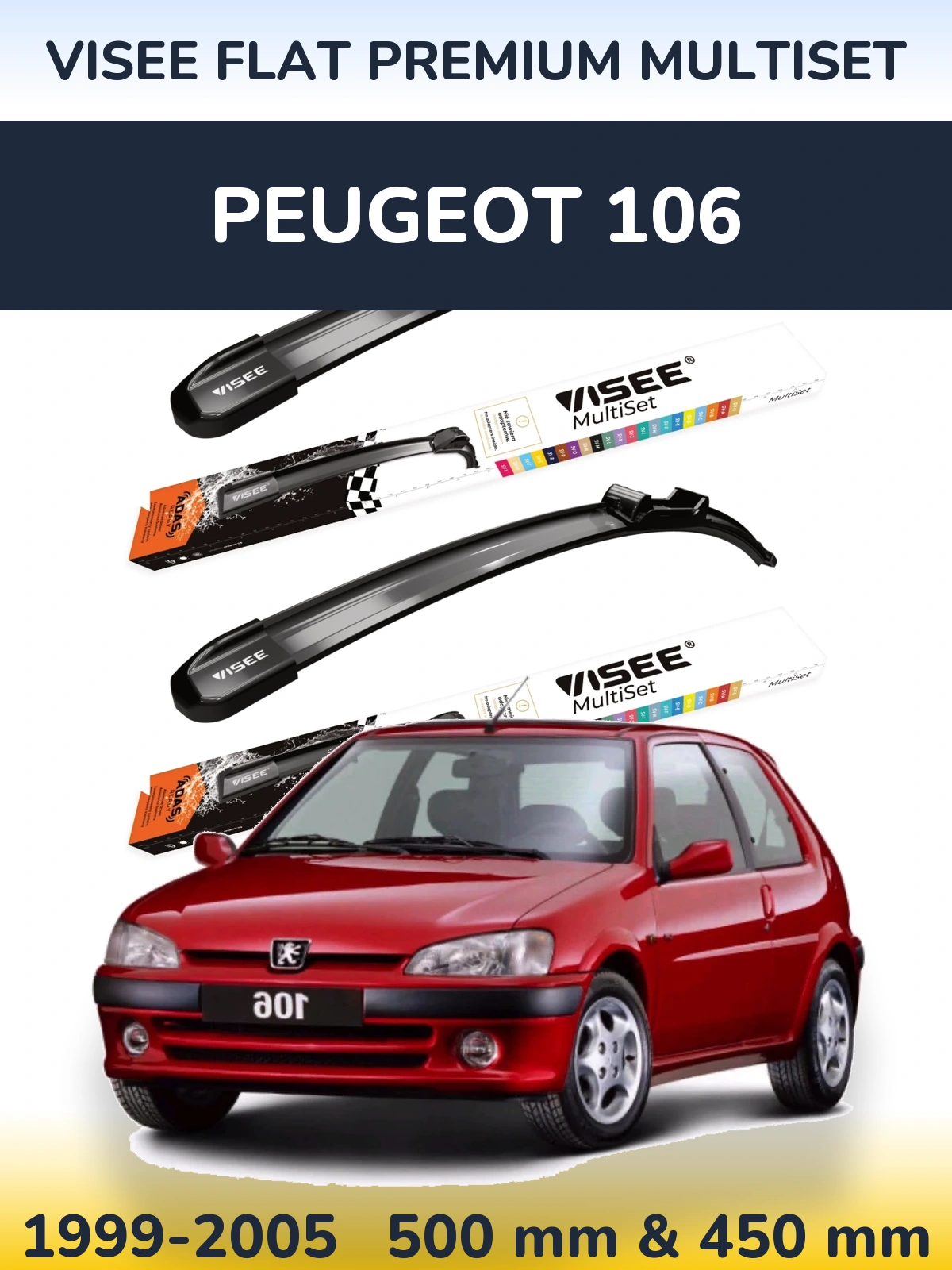 Sada předních stěračů VISEE FLAT PREMIUM MultiSet 500 a 450 mm pro Peugeot 106 1999-2005
