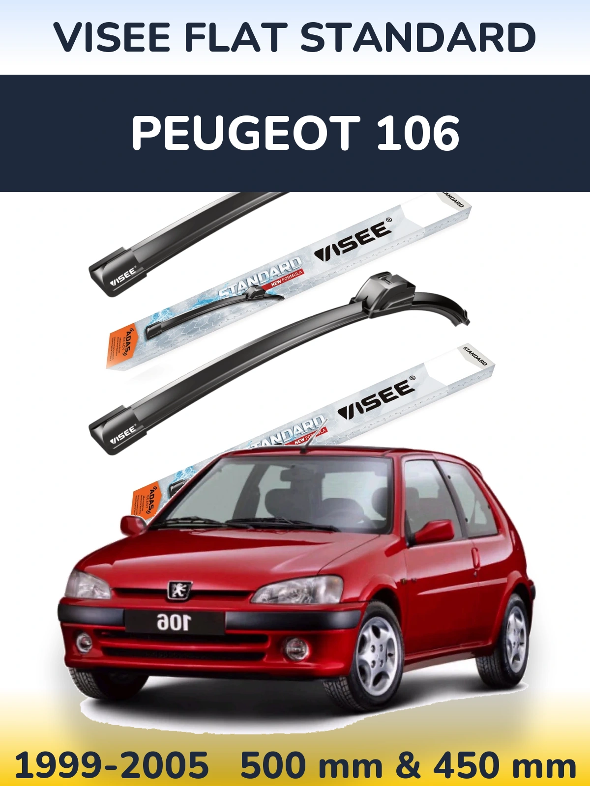 Sada předních stěračů VISEE FLAT STANDARD 500 a 450 mm pro Peugeot 106 1999-2005