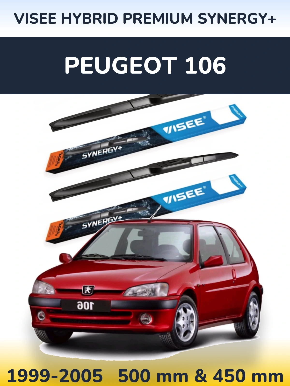 Sada předních stěračů VISEE HYBRID PREMIUM SYNERGY+ 500 a 450 mm pro Peugeot 106 1999-2005