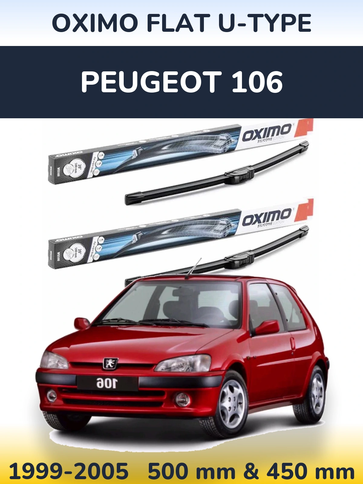 Sada předních stěračů Oximo Flat U-type 500 a 450 mm pro Peugeot 106 1999-2005
