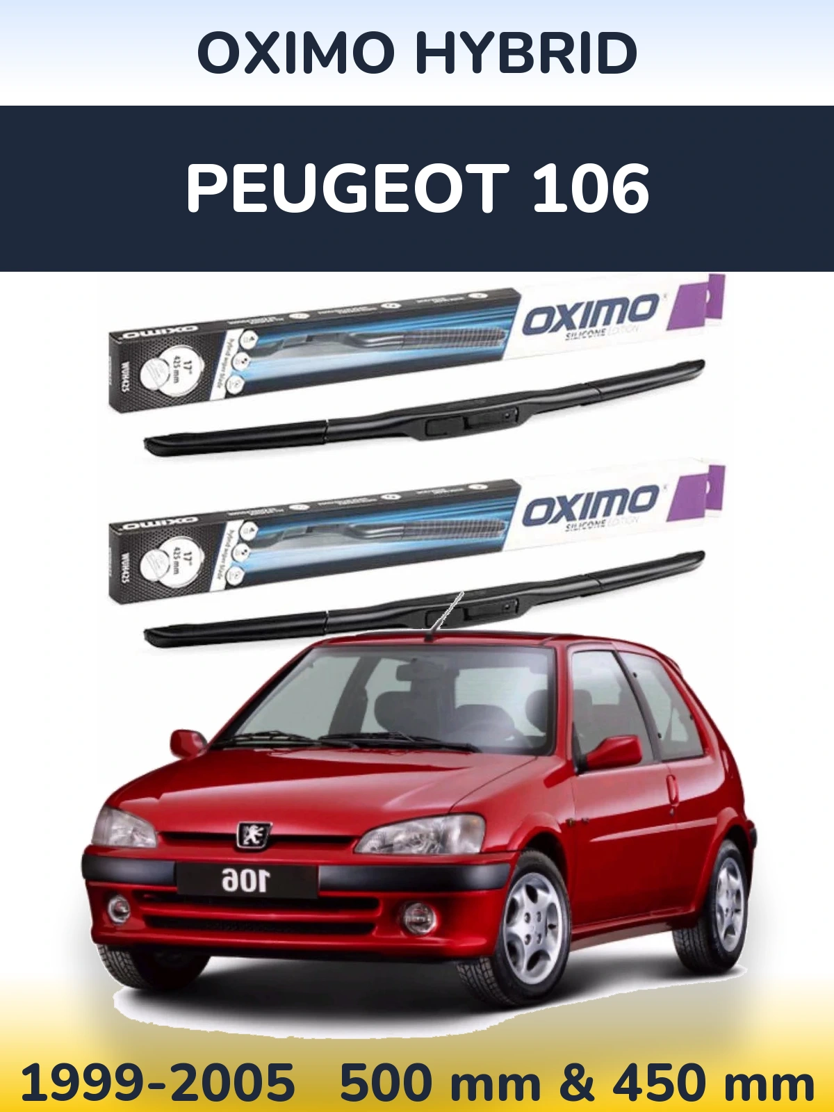 Sada předních stěračů Oximo Hybrid 500 a 450 mm pro Peugeot 106 1999-2005