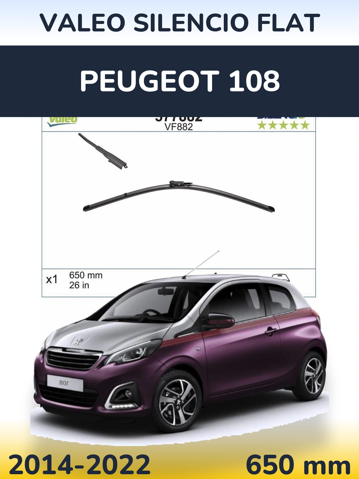 Přední stěrač Valeo Silencio Flat 650 mm pro Peugeot 108 2014-2022