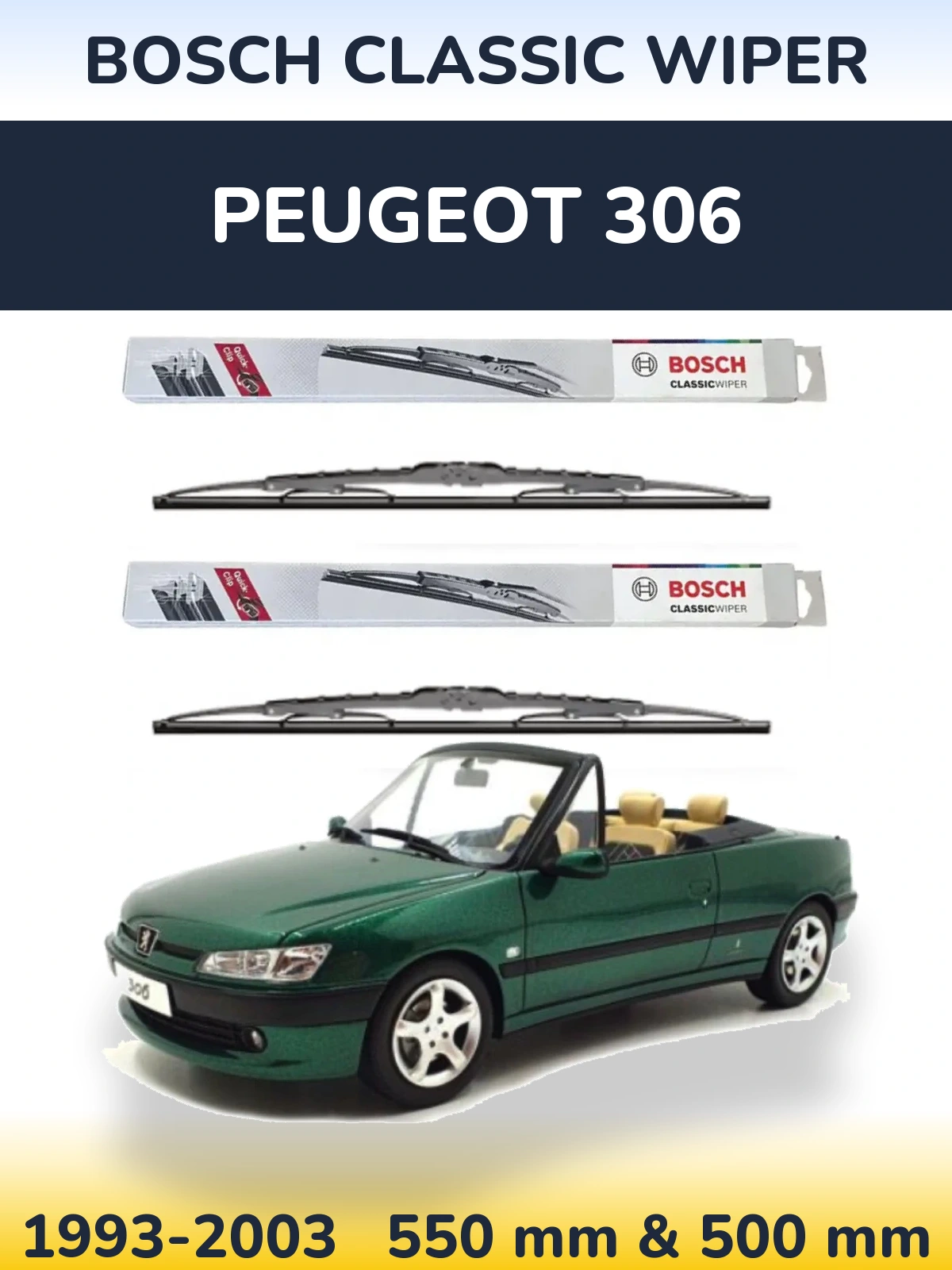 Sada předních stěračů BOSCH Classic Wiper 550 a 500 mm pro Peugeot 306 1993-2003