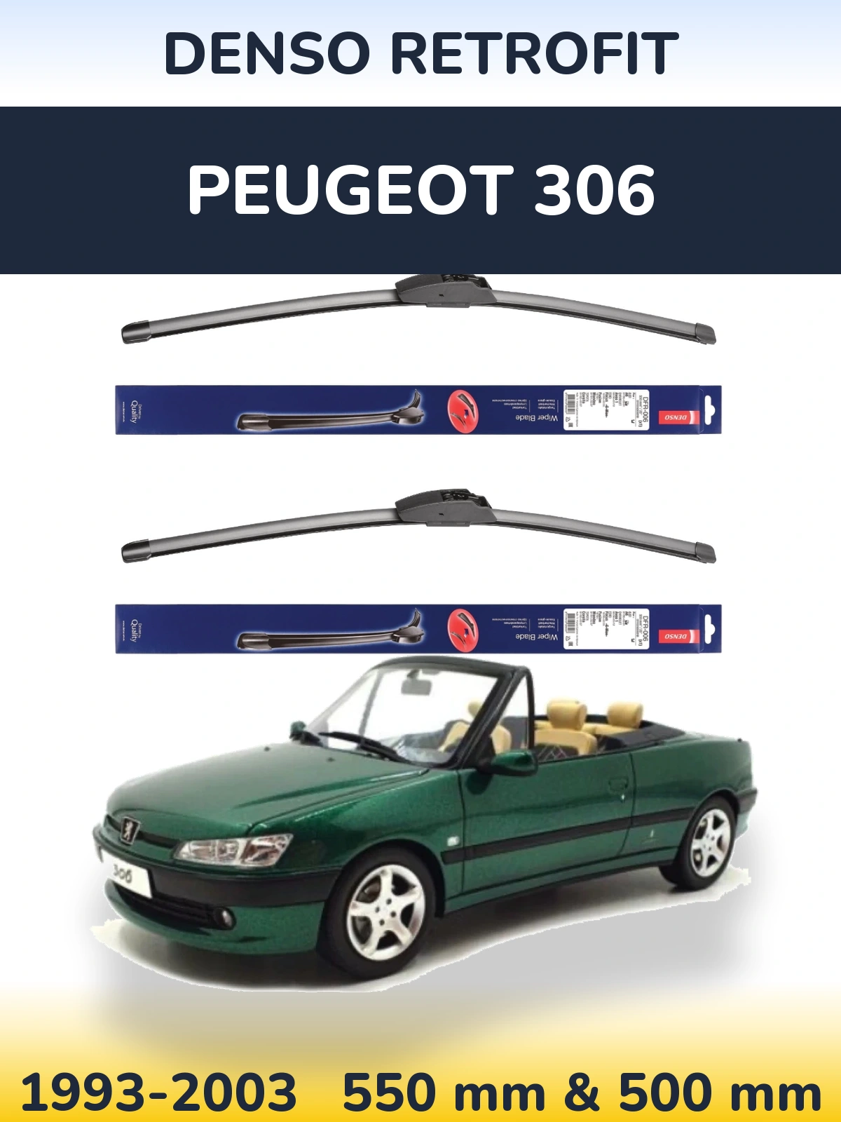 Sada předních stěračů Denso Retrofit 550 a 500 mm pro Peugeot 306 1993-2003