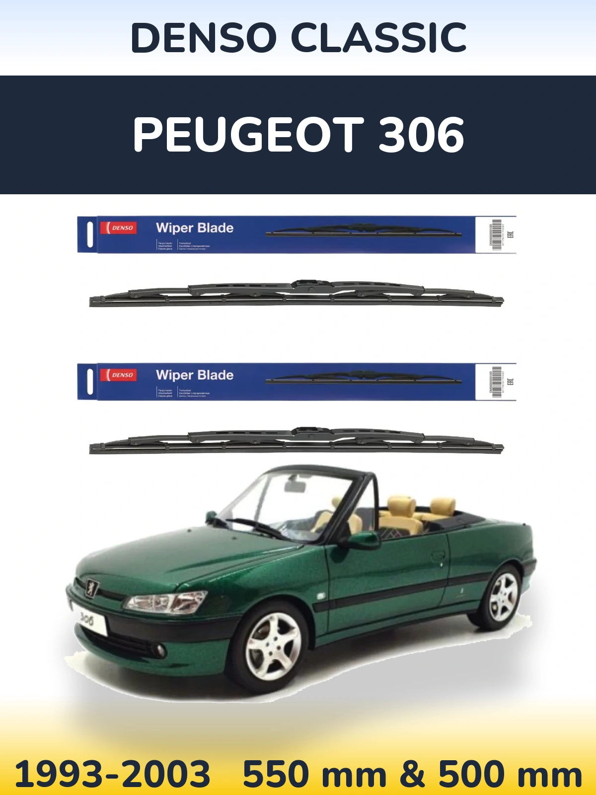 Sada předních stěračů Denso Classic 550 a 500 mm pro Peugeot 306 1993-2003