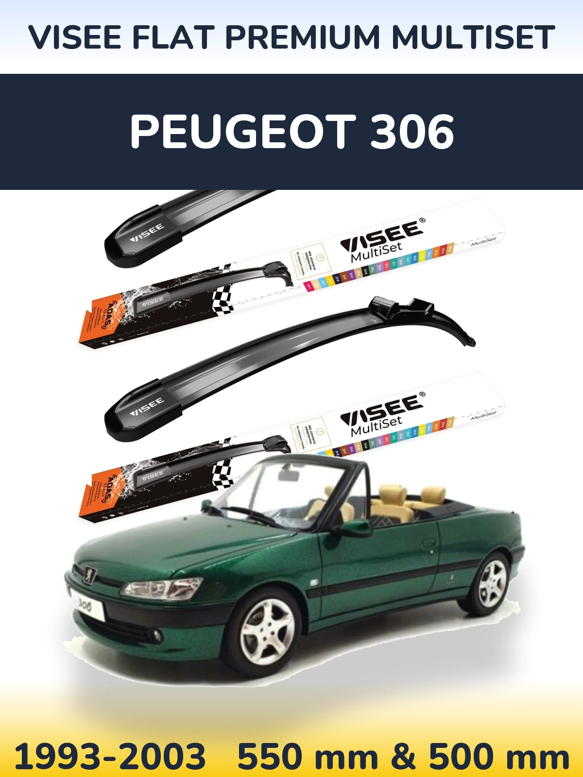 Sada předních stěračů VISEE FLAT PREMIUM MultiSet 550 a 500 mm pro Peugeot 306 1993-2003