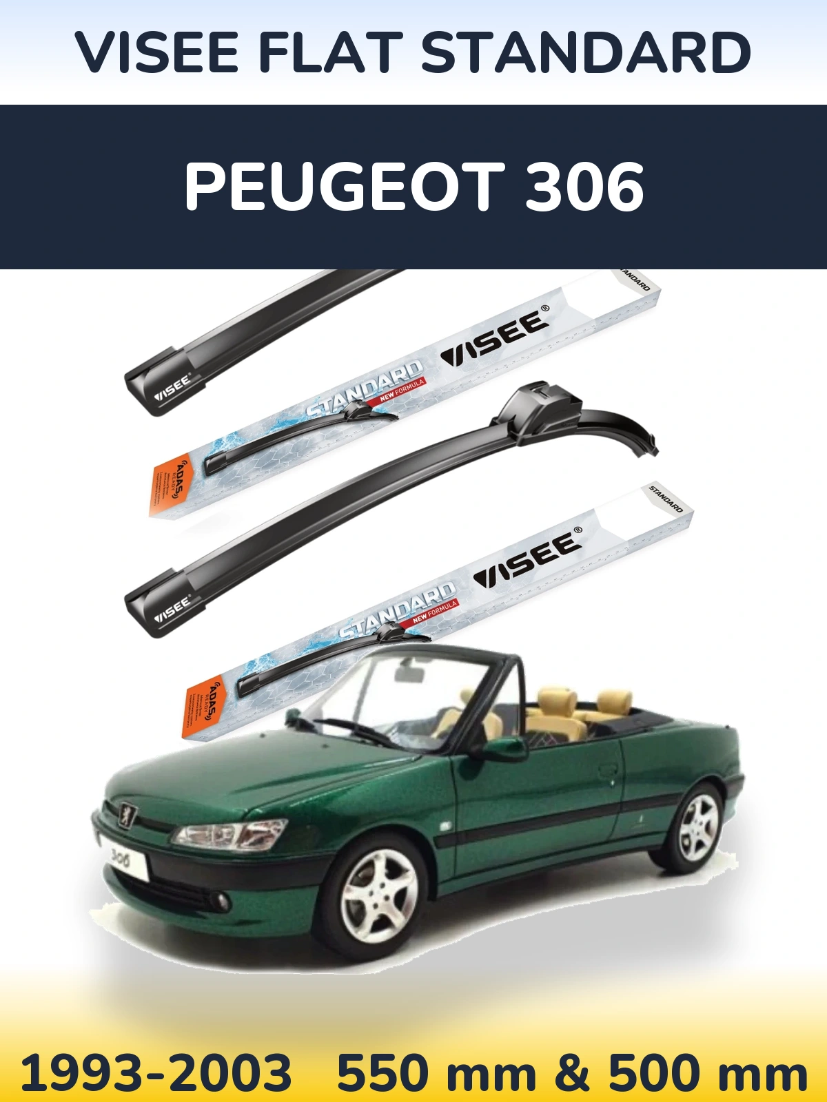 Sada předních stěračů VISEE FLAT STANDARD 550 a 500 mm pro Peugeot 306 1993-2003