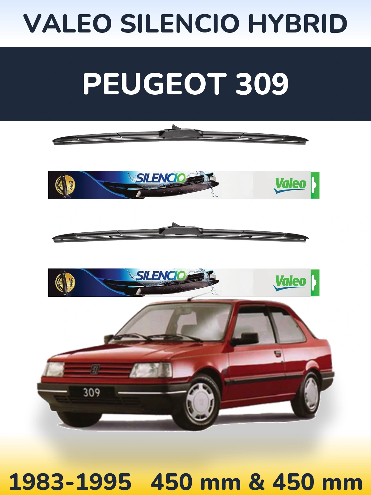 Sada předních stěračů Valeo Silencio Hybrid 450 a 450 mm pro Peugeot 309 1983-1995