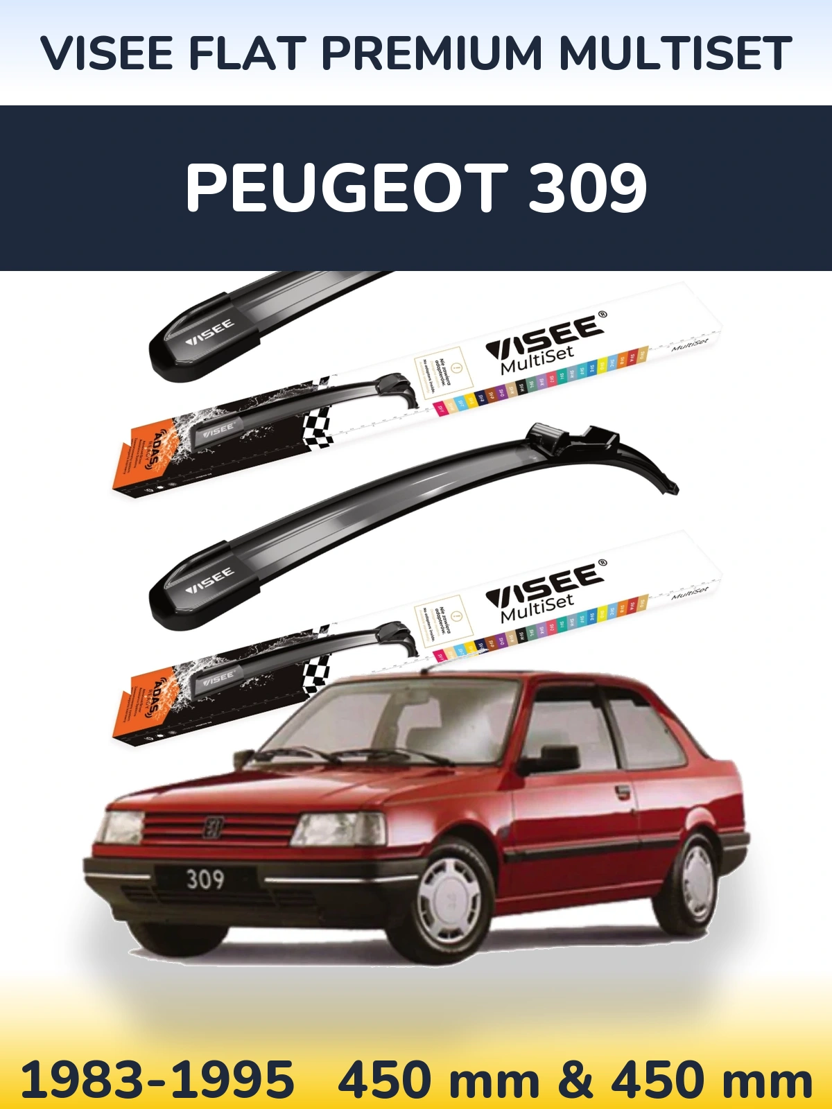 Sada předních stěračů VISEE FLAT PREMIUM MultiSet 450 a 450 mm pro Peugeot 309 1983-1995