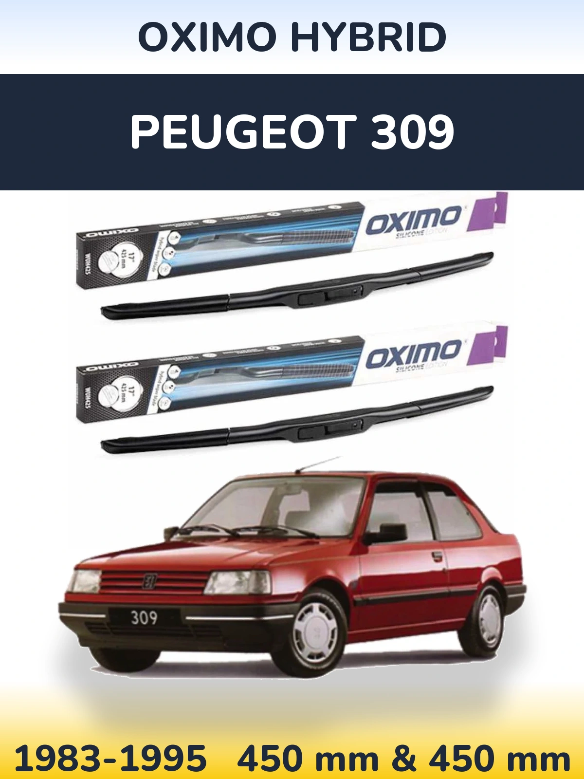 Sada předních stěračů Oximo Hybrid 450 a 450 mm pro Peugeot 309 1983-1995