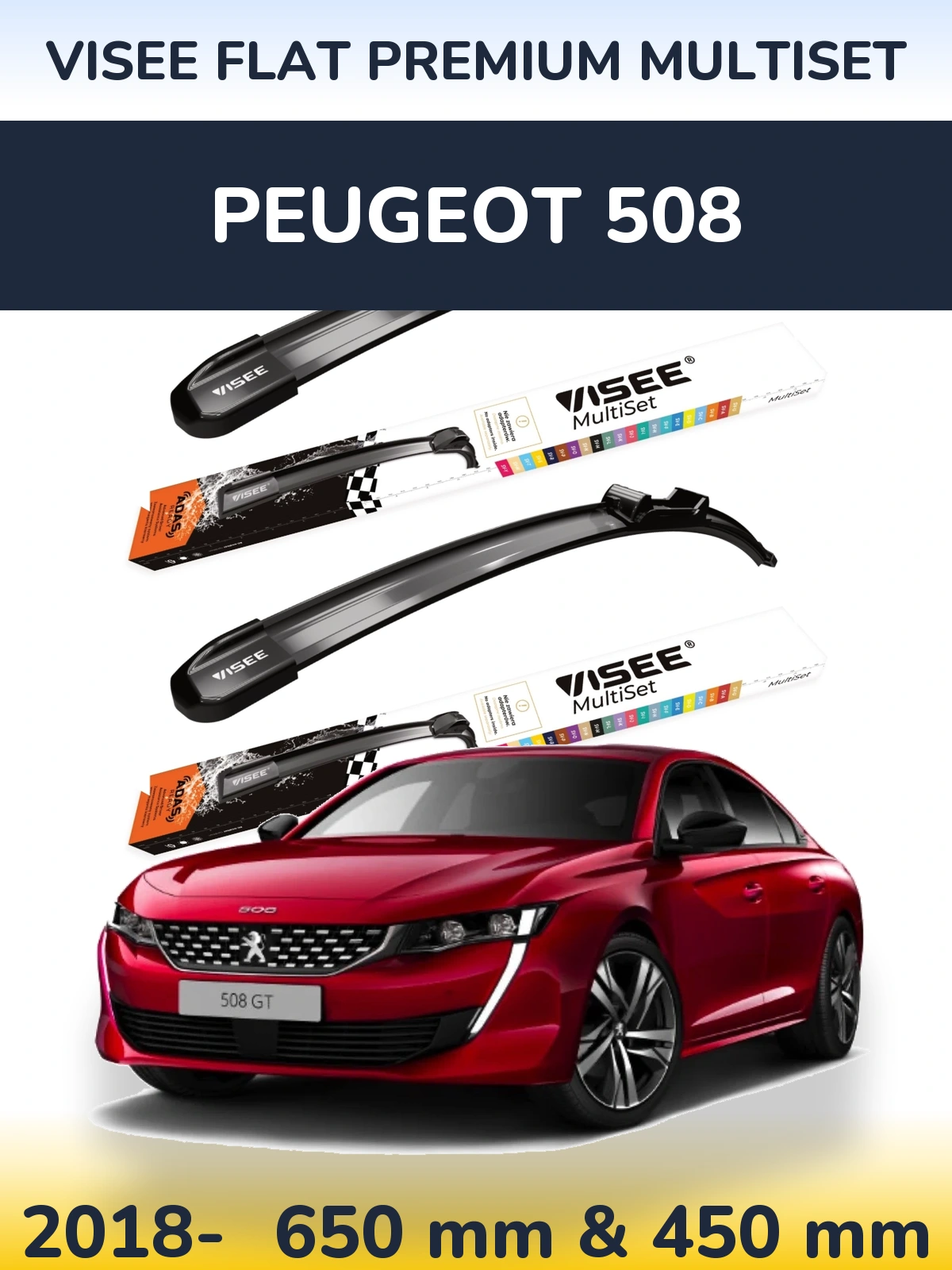 Sada předních stěračů VISEE FLAT PREMIUM MultiSet 650 a 450 mm pro Peugeot 508 2018-2026