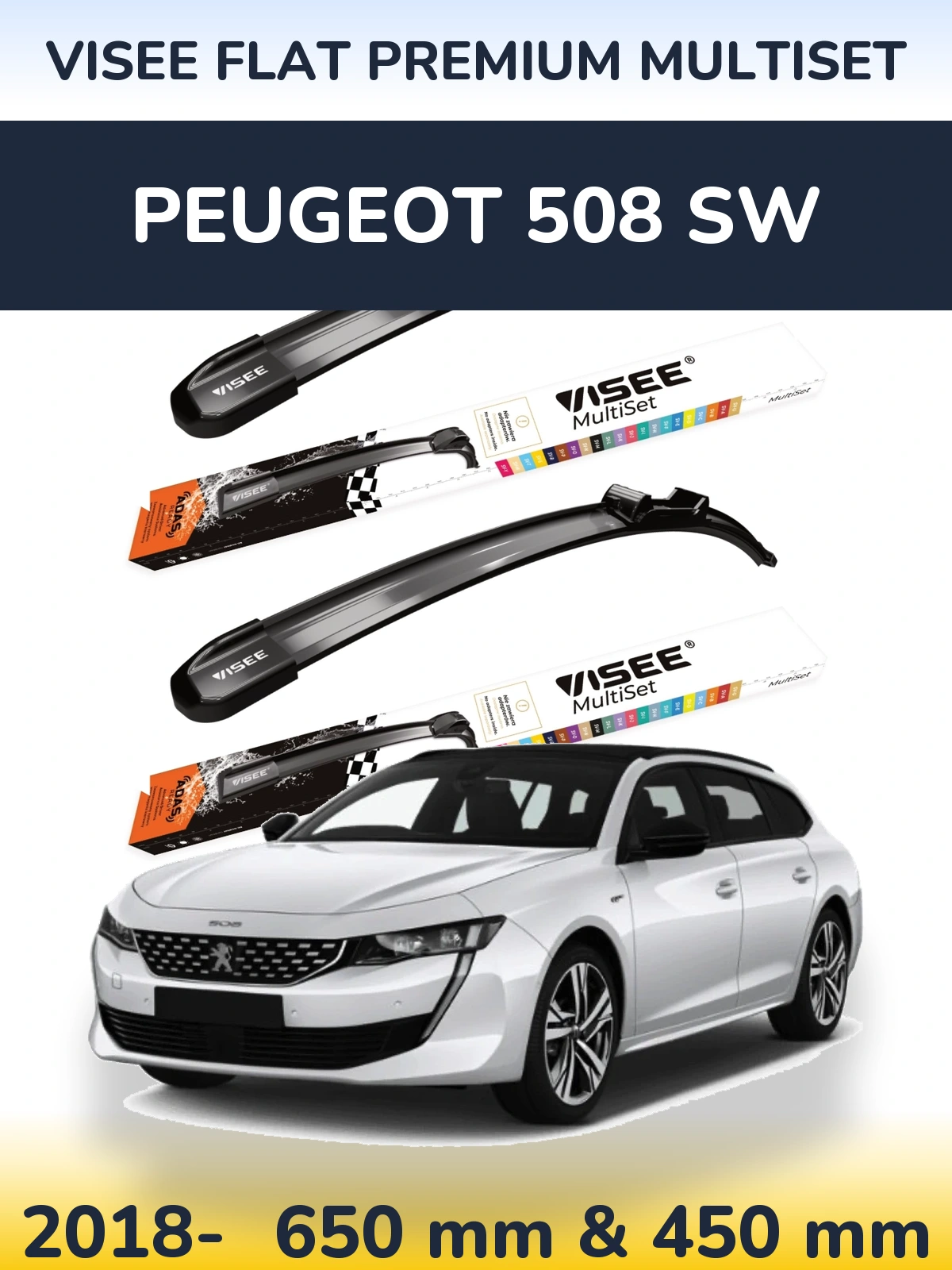 Sada předních stěračů VISEE FLAT PREMIUM MultiSet 650 a 450 mm pro Peugeot 508 SW 2018-2026