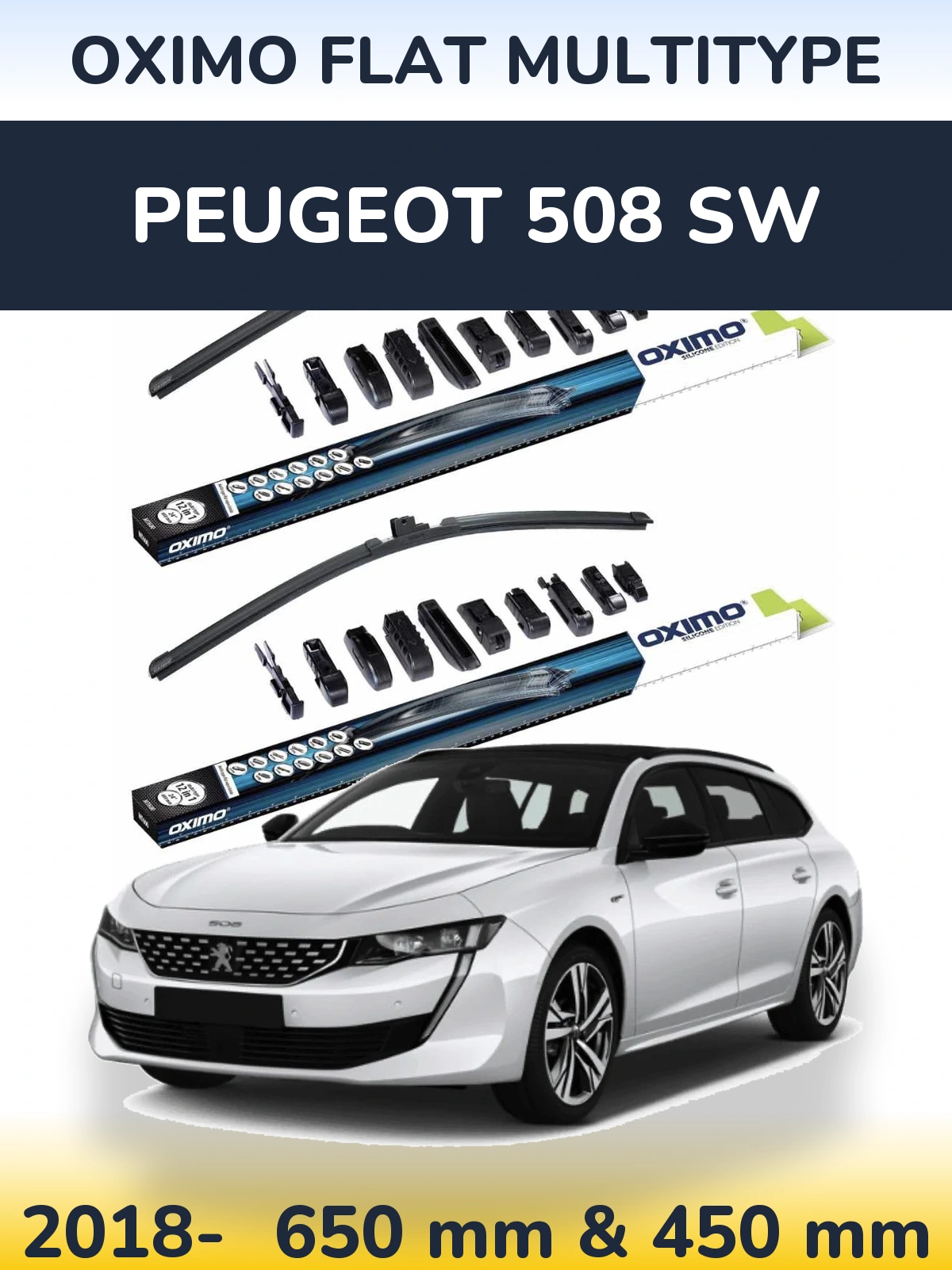 Sada předních stěračů Oximo Flat MultiType 650 a 450 mm pro Peugeot 508 SW 2018-2026
