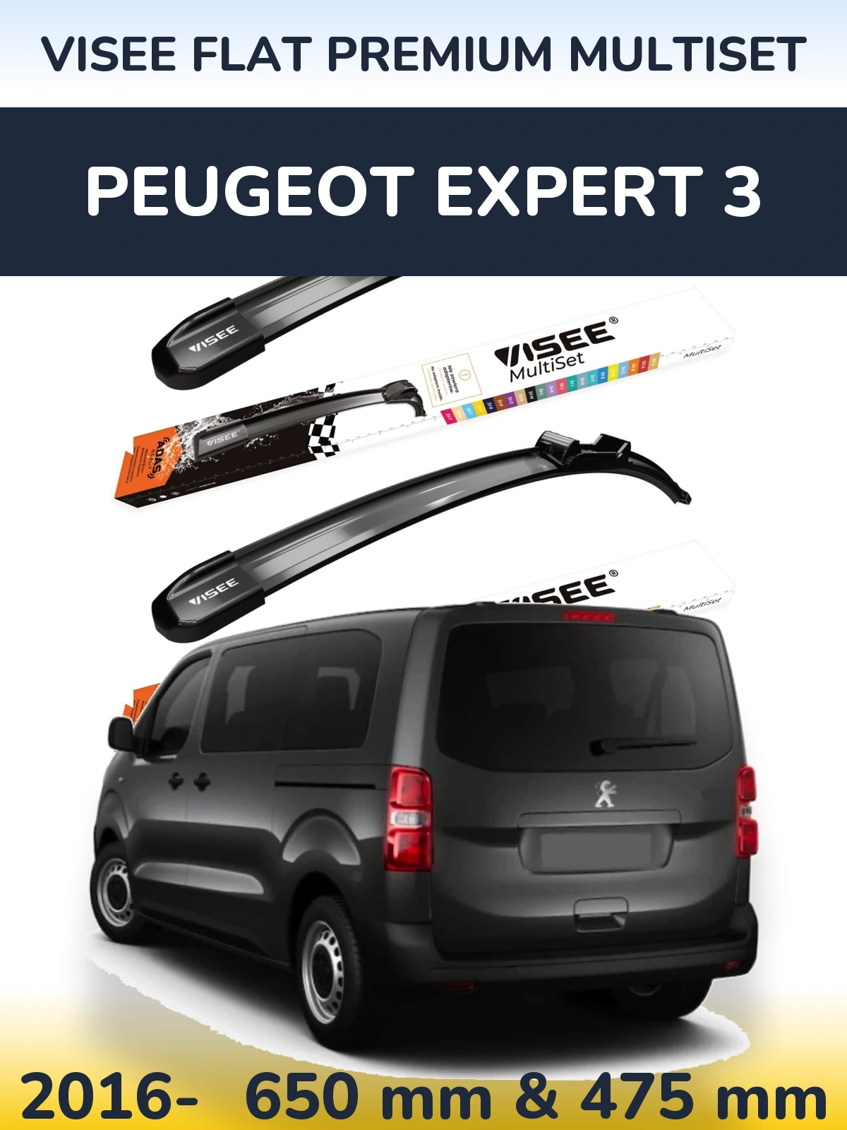 Комплект передніх щіток VISEE FLAT PREMIUM MultiSet 650 & 475 мм для Peugeot Expert 3 2016-2026