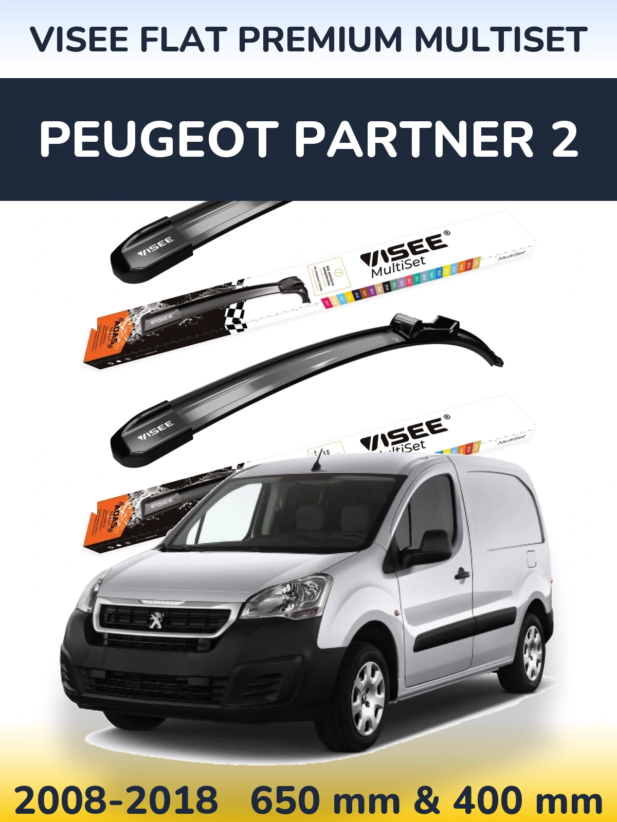 Sada předních stěračů VISEE FLAT PREMIUM MultiSet 650 a 400 mm pro Peugeot Partner 2 2008-2018