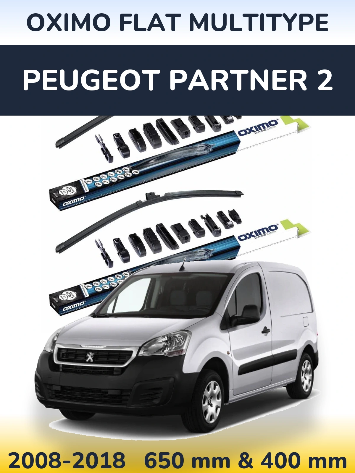 Sada předních stěračů Oximo Flat MultiType 650 a 400 mm pro Peugeot Partner 2 2008-2018