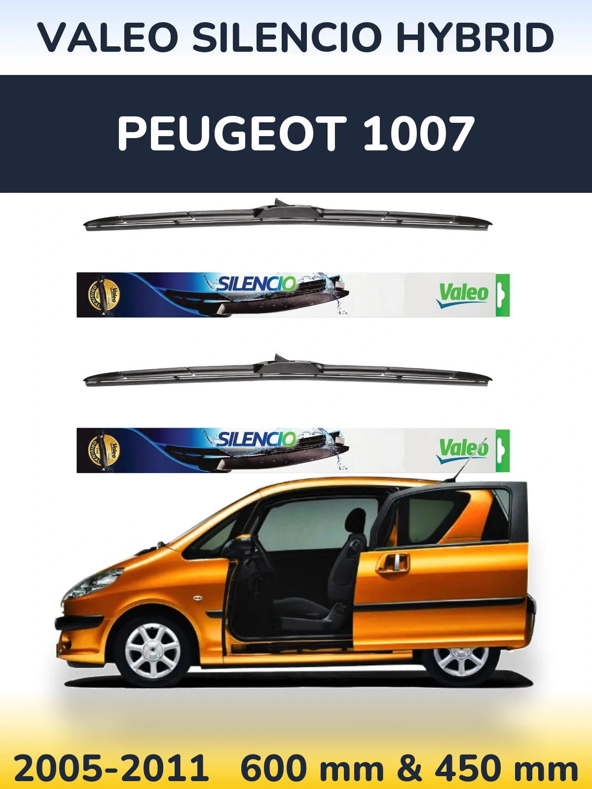 Sada předních stěračů Valeo Silencio Hybrid 600 a 450 mm pro Peugeot 1007 2005-2011