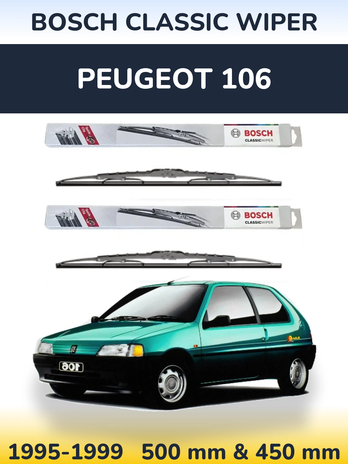 Sada předních stěračů BOSCH Classic Wiper 500 a 450 mm pro Peugeot 106 1995-1999