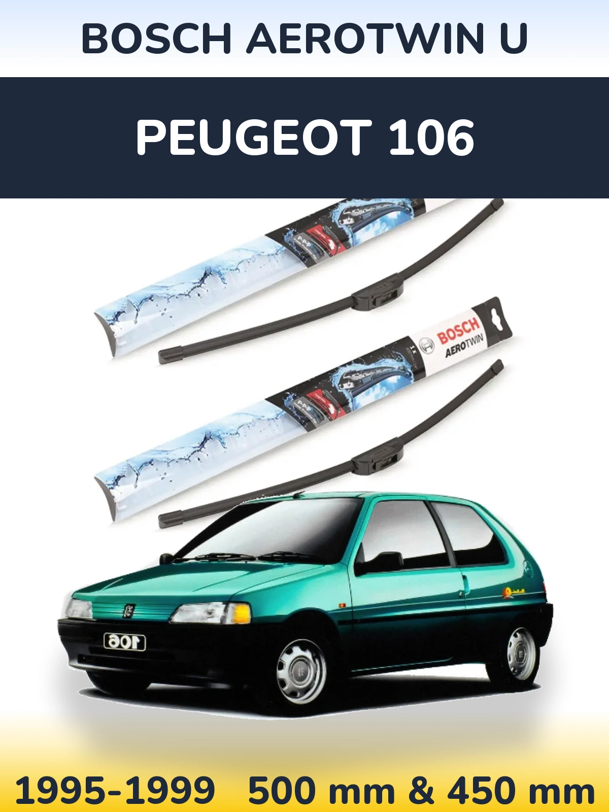 Sada předních stěračů BOSCH AeroTwin U 500 a 450 mm pro Peugeot 106 1995-1999