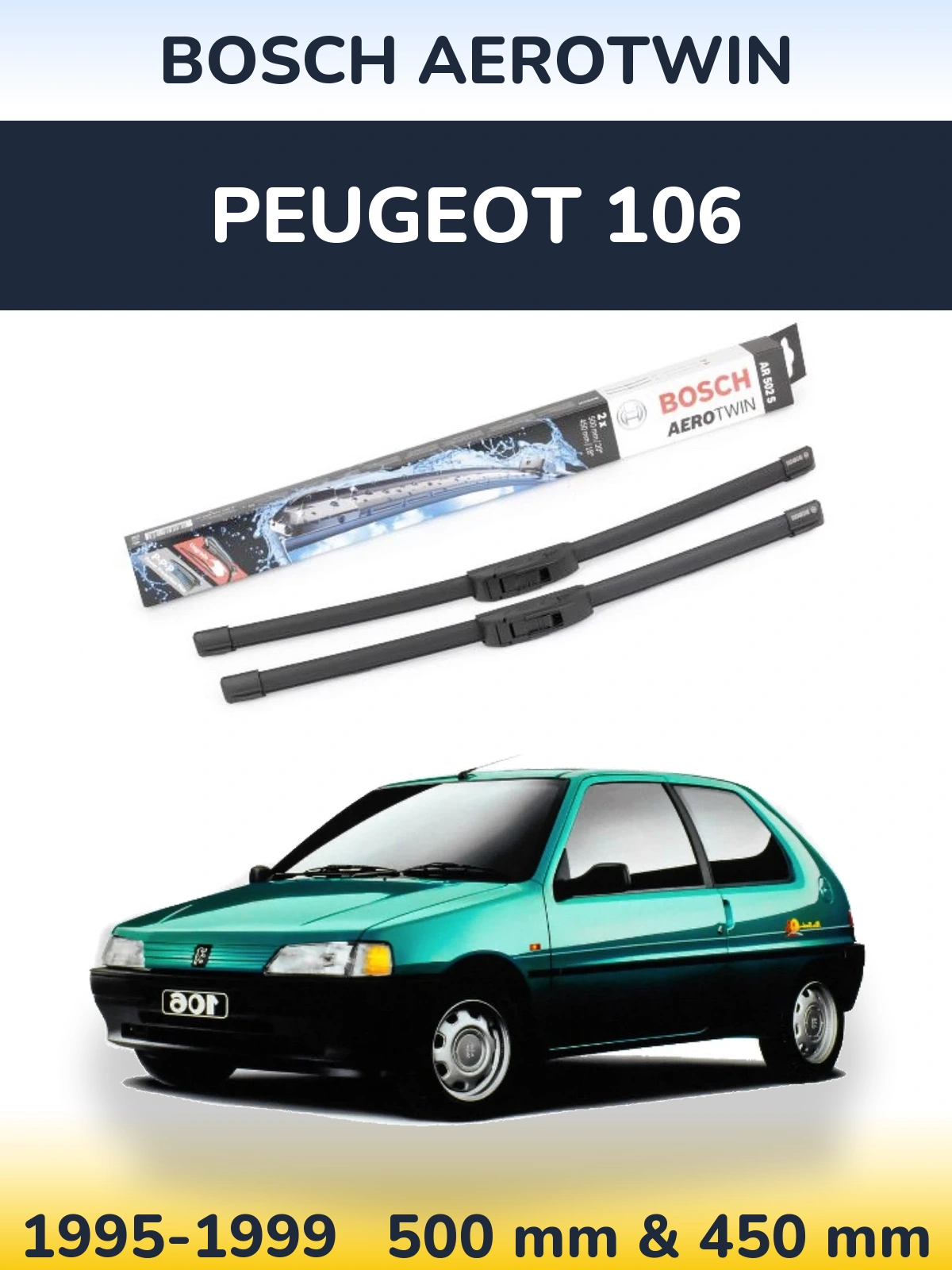 Sada předních stěračů BOSCH AeroTwin 500 a 450 mm pro Peugeot 106 1995-1999