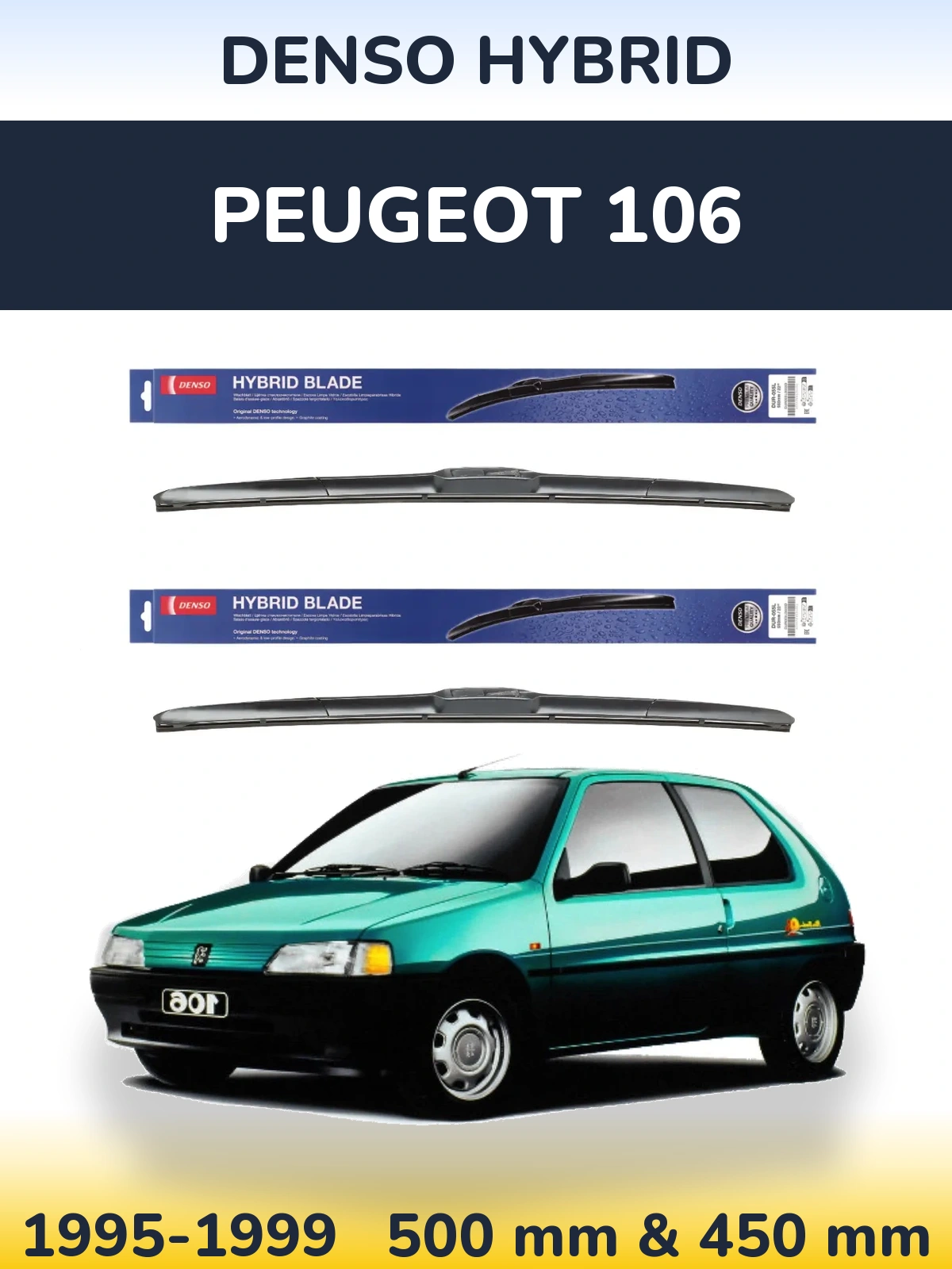 Sada předních stěračů Denso Hybrid 500 a 450 mm pro Peugeot 106 1995-1999