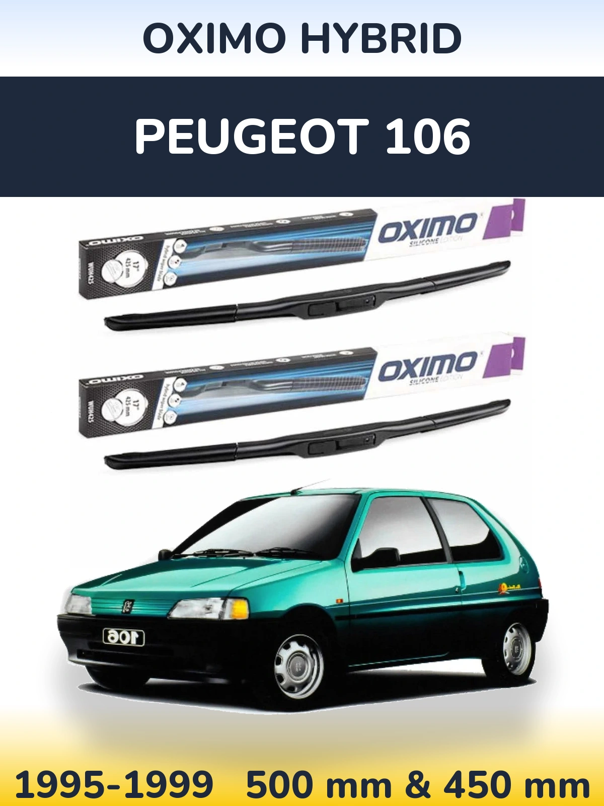 Sada předních stěračů Oximo Hybrid 500 a 450 mm pro Peugeot 106 1995-1999