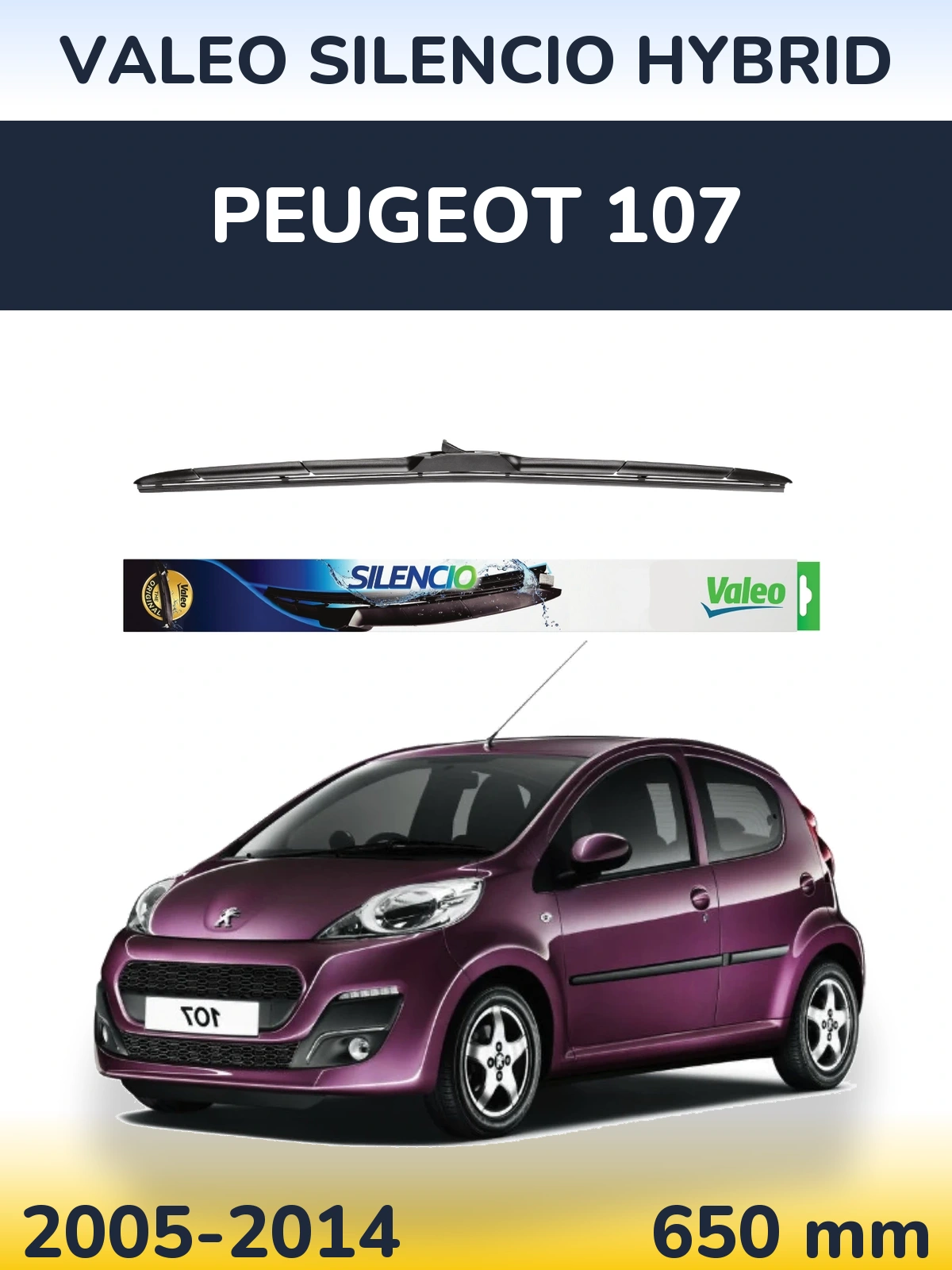 Přední stěrač Valeo Silencio Hybrid 650 mm pro Peugeot 107 2005-2014