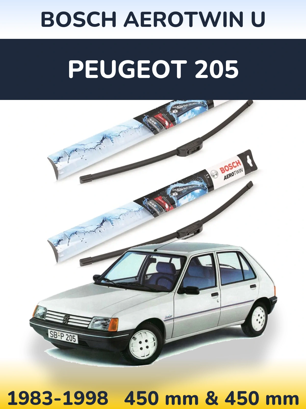 Sada předních stěračů BOSCH AeroTwin U 450 a 450 mm pro Peugeot 205 1983-1998
