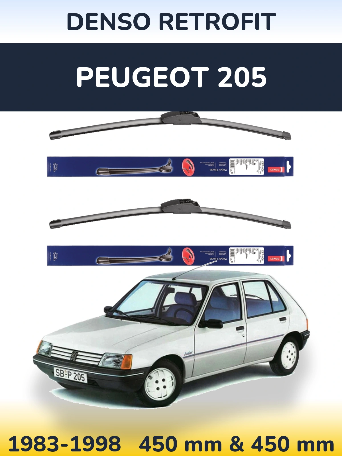 Sada předních stěračů Denso Retrofit 450 a 450 mm pro Peugeot 205 1983-1998