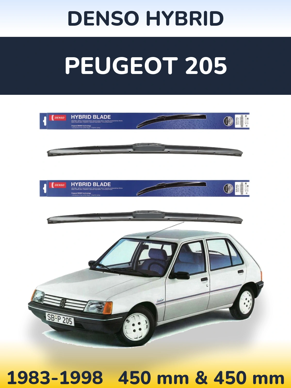 Sada předních stěračů Denso Hybrid 450 a 450 mm pro Peugeot 205 1983-1998