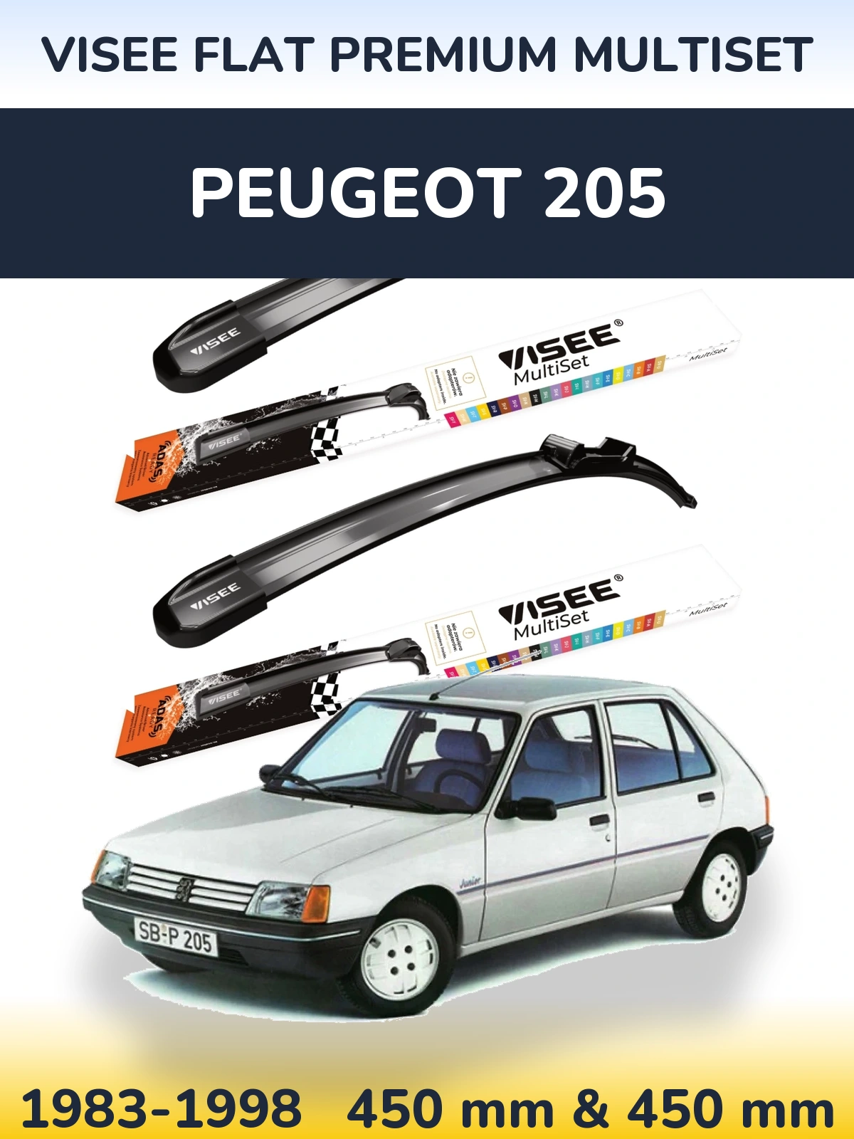 Sada předních stěračů VISEE FLAT PREMIUM MultiSet 450 a 450 mm pro Peugeot 205 1983-1998