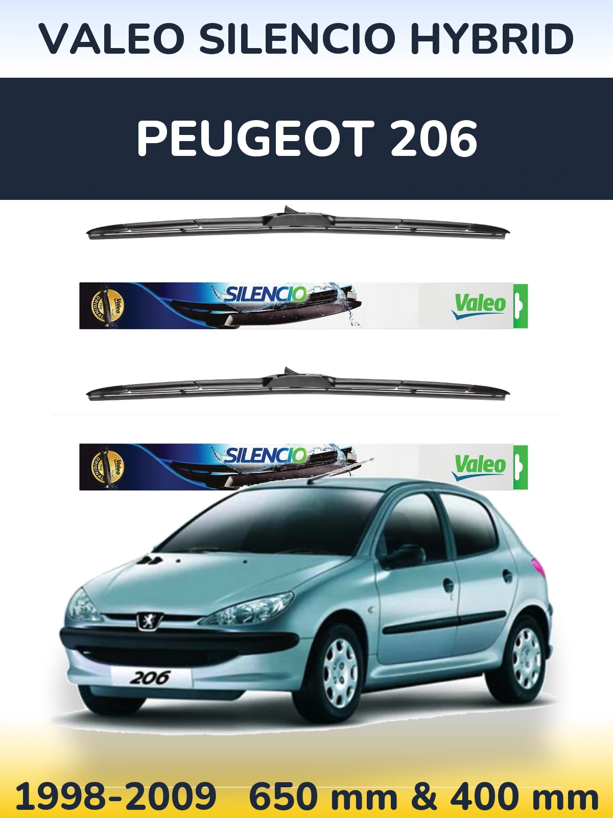 Sada předních stěračů Valeo Silencio Hybrid 650 a 400 mm pro Peugeot 206 1998-2009