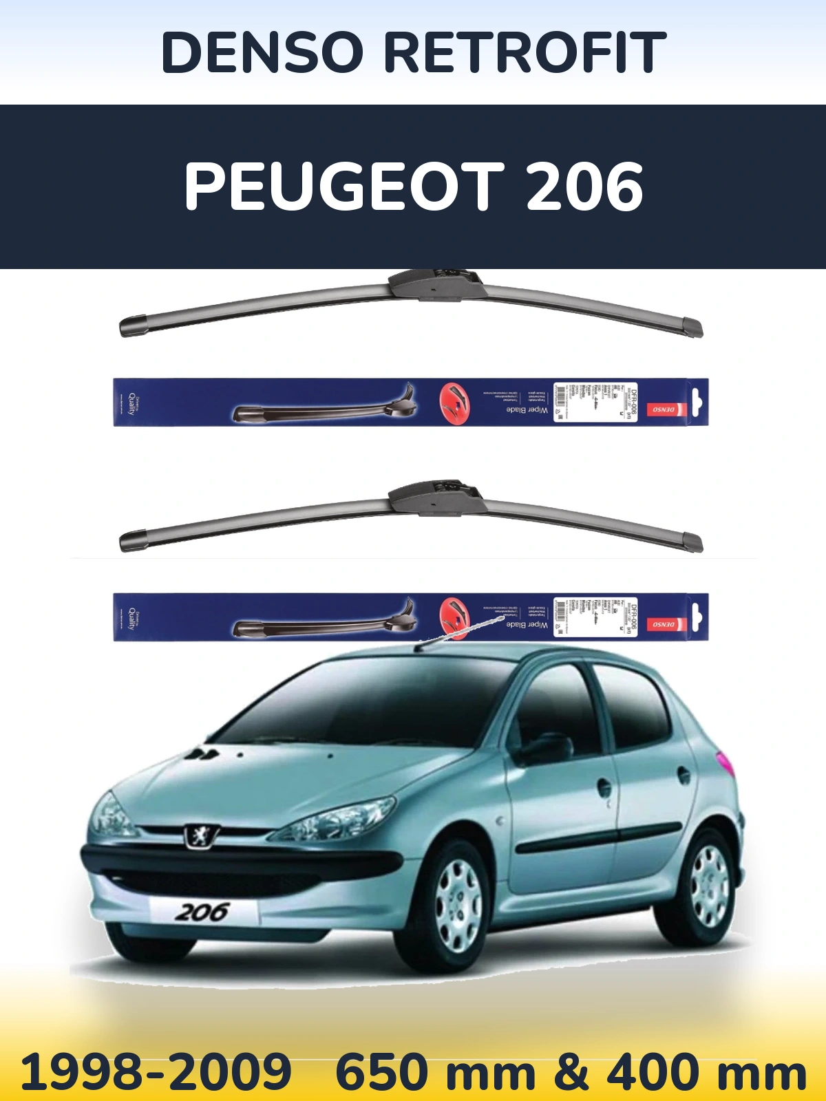 Sada předních stěračů Denso Retrofit 650 a 400 mm pro Peugeot 206 1998-2009