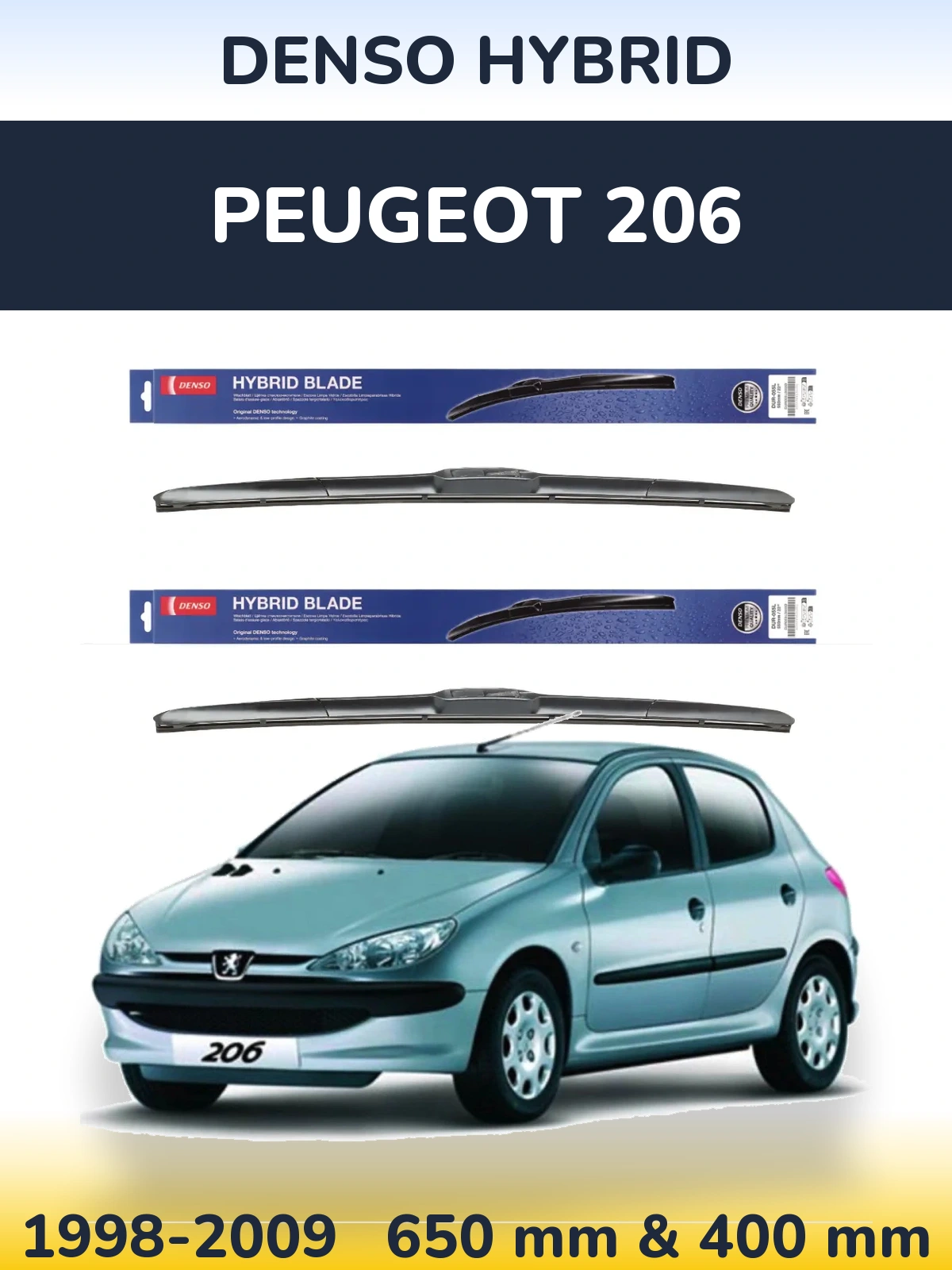 Sada předních stěračů Denso Hybrid 650 a 400 mm pro Peugeot 206 1998-2009
