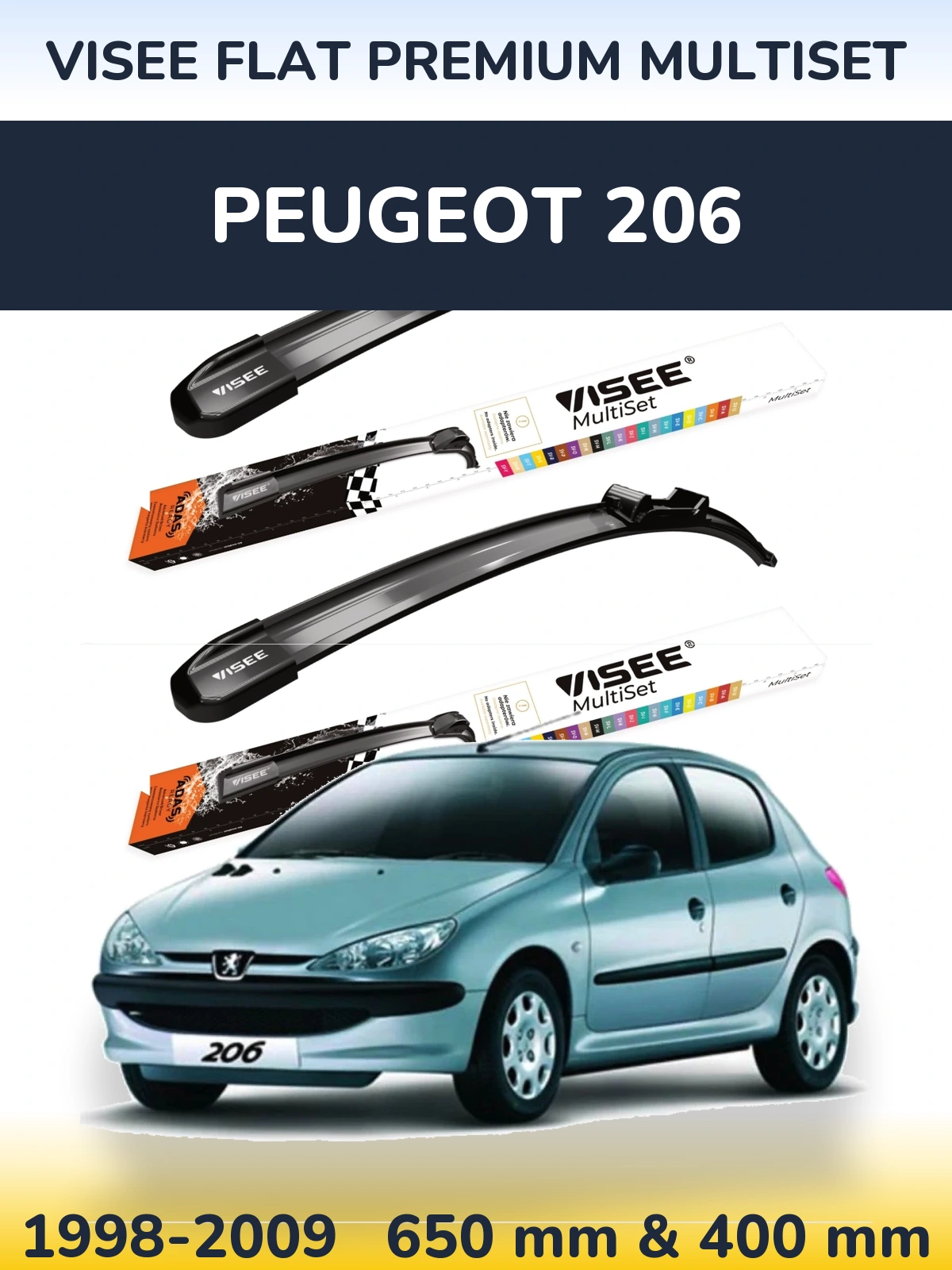 Sada předních stěračů VISEE FLAT PREMIUM MultiSet 650 a 400 mm pro Peugeot 206 1998-2009