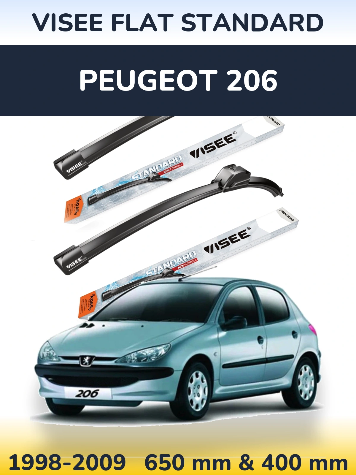 Sada předních stěračů VISEE FLAT STANDARD 650 a 400 mm pro Peugeot 206 1998-2009