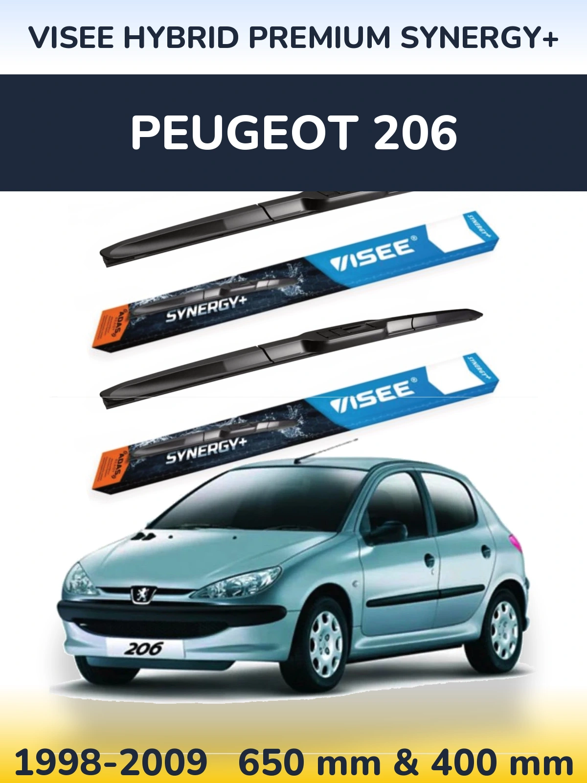 Sada předních stěračů VISEE HYBRID PREMIUM SYNERGY+ 650 a 400 mm pro Peugeot 206 1998-2009