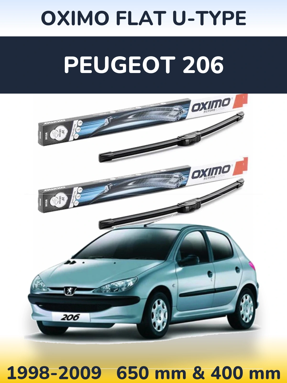 Sada předních stěračů Oximo Flat U-type 650 a 400 mm pro Peugeot 206 1998-2009