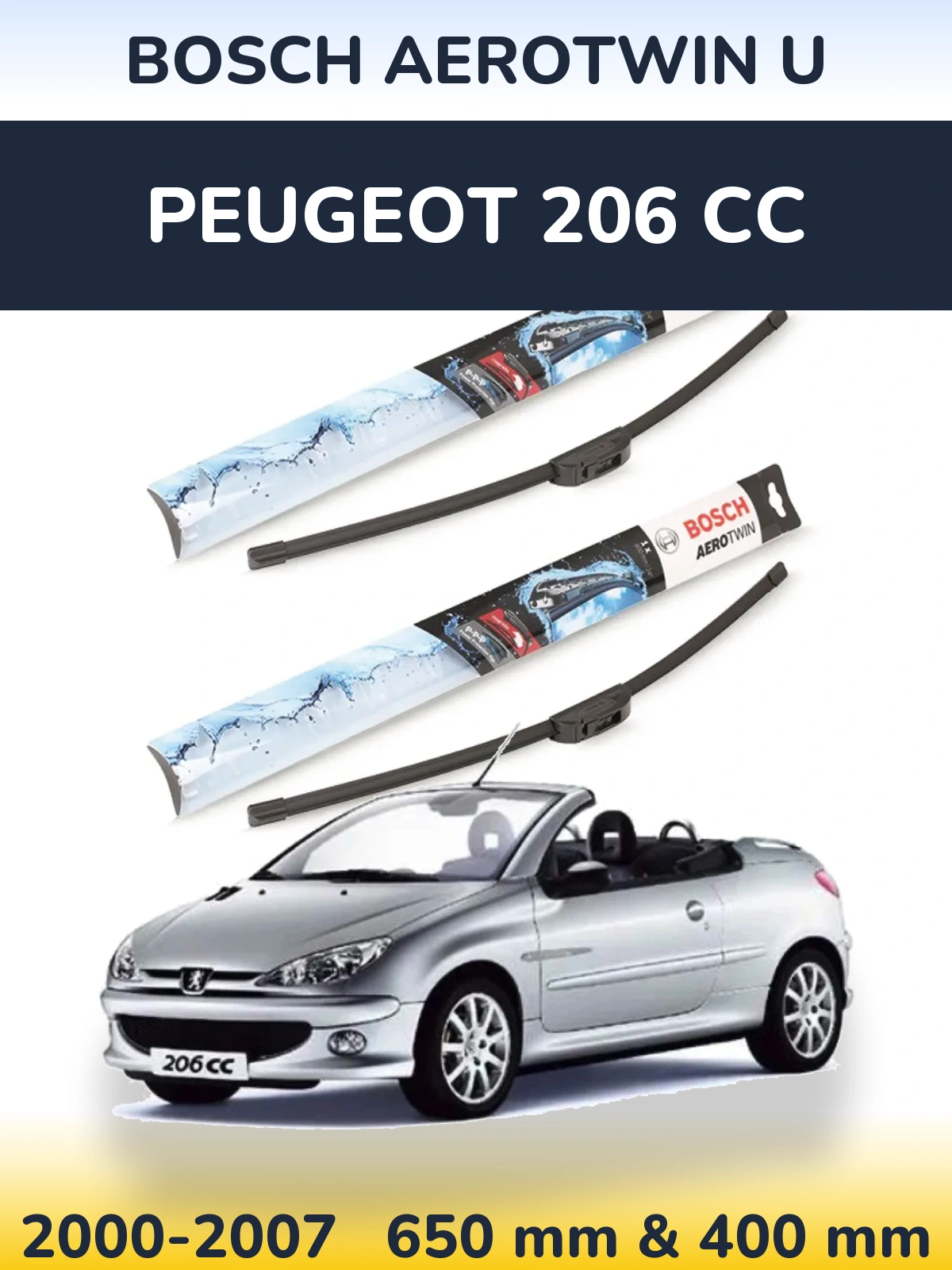Sada předních stěračů BOSCH AeroTwin U 650 a 400 mm pro Peugeot 206 CC 2000-2007