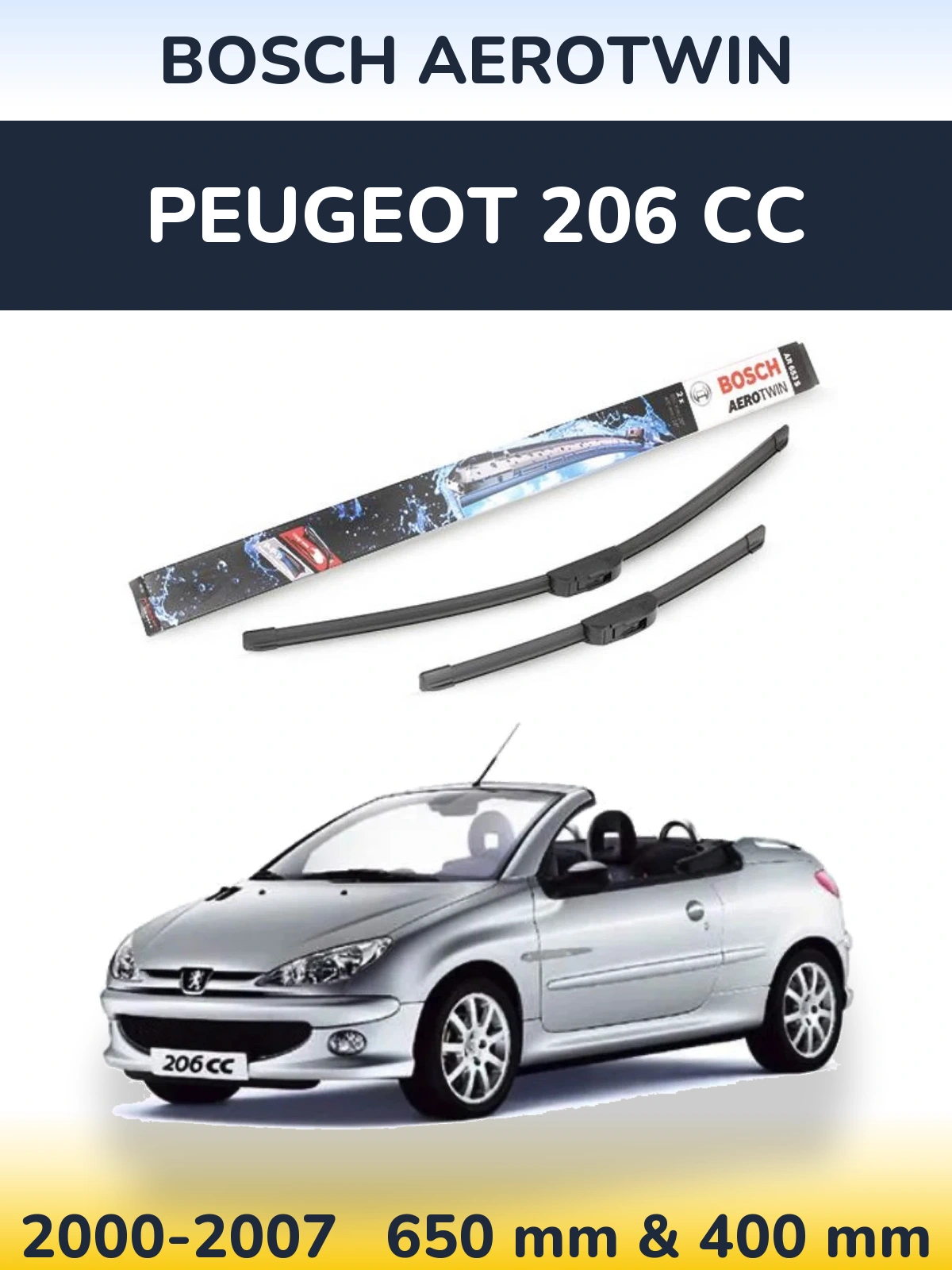 Sada předních stěračů BOSCH AeroTwin 650 a 400 mm pro Peugeot 206 CC 2000-2007