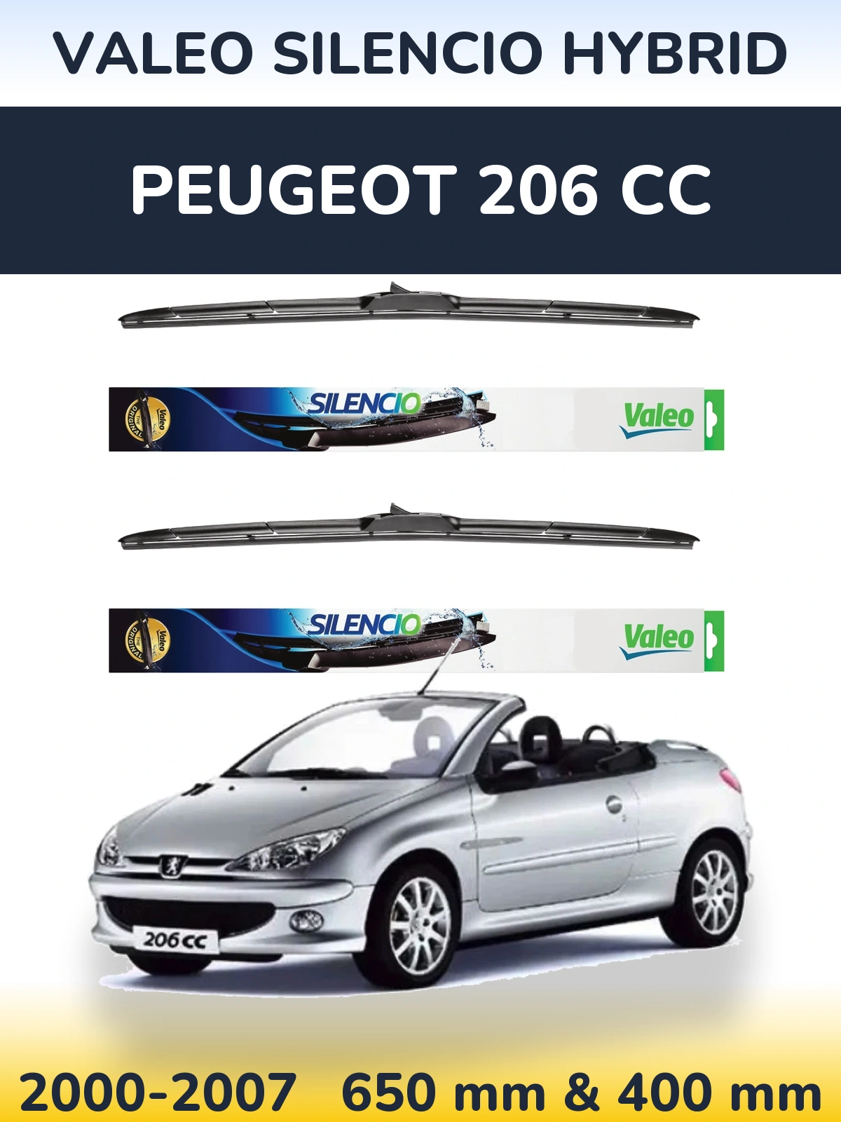 Sada předních stěračů Valeo Silencio Hybrid 650 a 400 mm pro Peugeot 206 CC 2000-2007